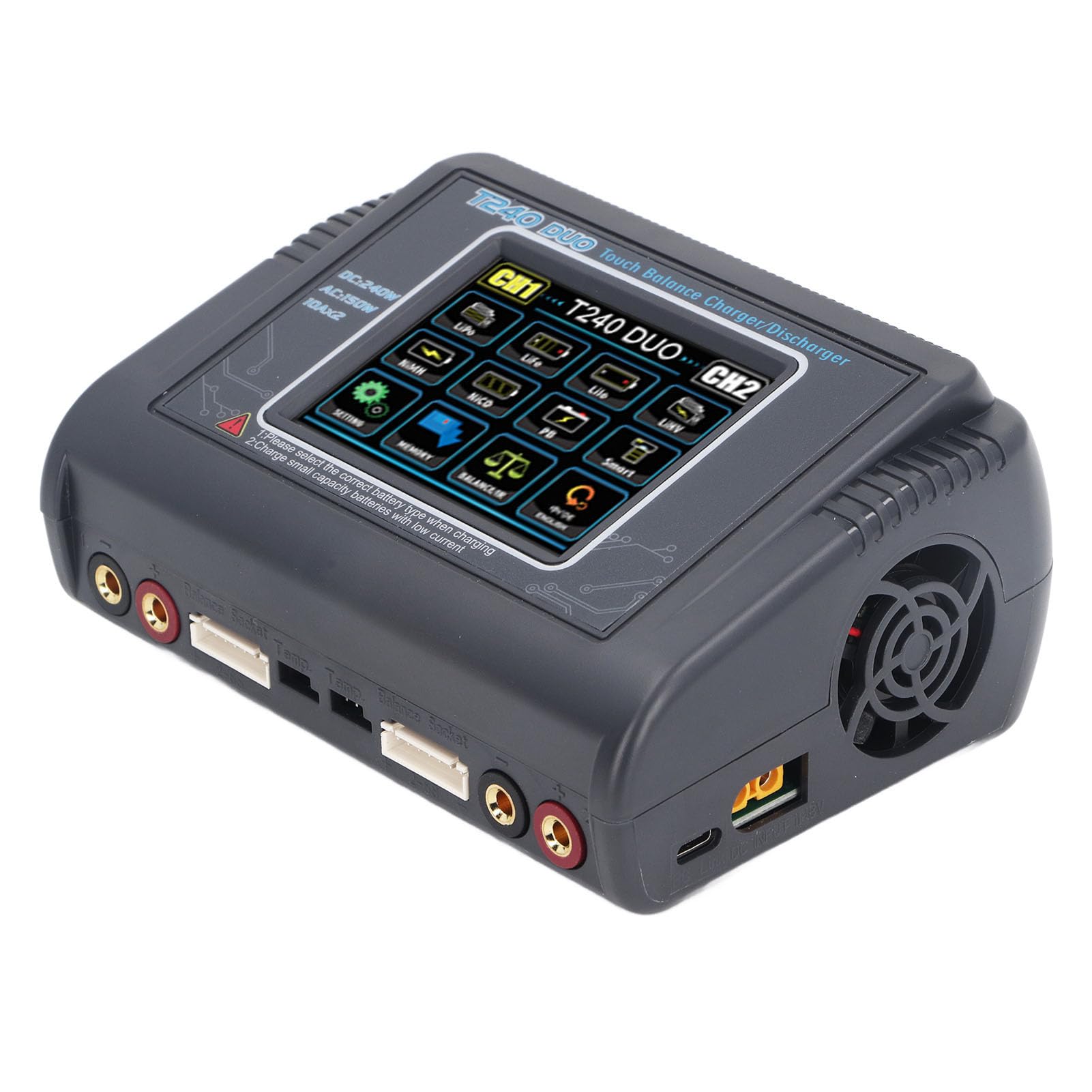 CHICIRIS Chargeur de Batterie LiPo, Double Chargeur de Batterie de Voiture RC 10 A, à équilibre Rapide avec Ventilateur de Refroidissement à écran Tactile, pour LiPo LiHV (Prise UE)