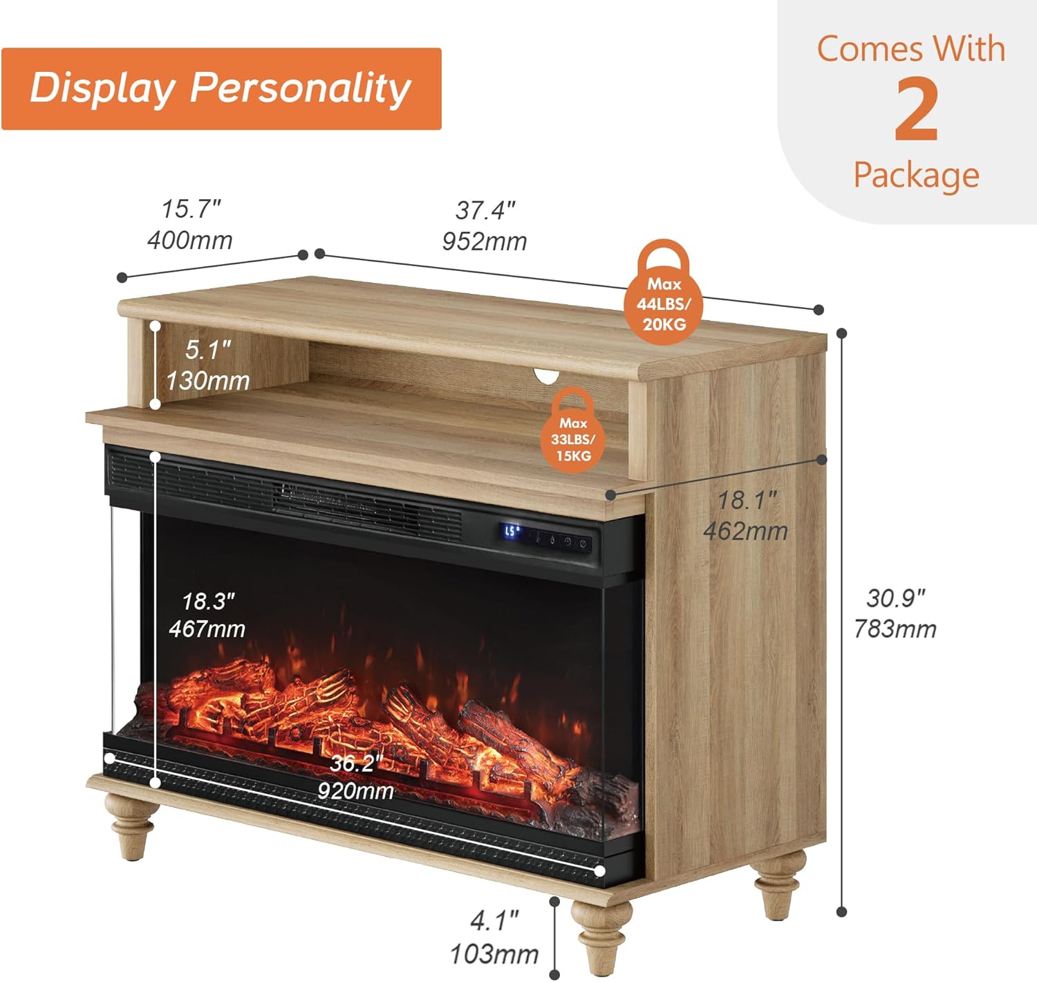 WAMPAT 3-Sided Farmhouse Fireplace TV Stand for TVs up to 43'', Highboy Entertainment Center with 36'' Glass Electric Fireplace, Small Media Console Table with Storage for Living Room, Oak