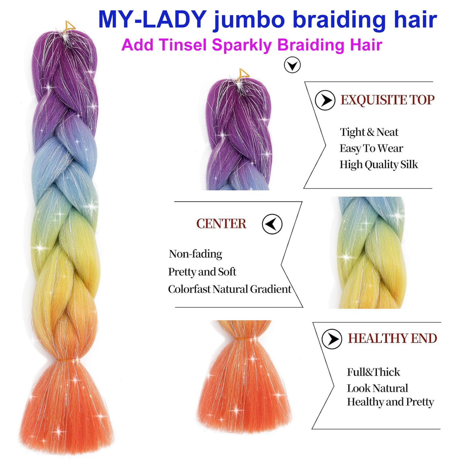 Ombre Jumbo Braiding Hair Colorful Tinsel Hair Extension 24 Inch 1PC Synthetic Braids Rainbow Hair for Girls Women,Glitter Fake Hair for Festival Rave,Purple to Blue to Yellow to Orange Glitter - Image 2