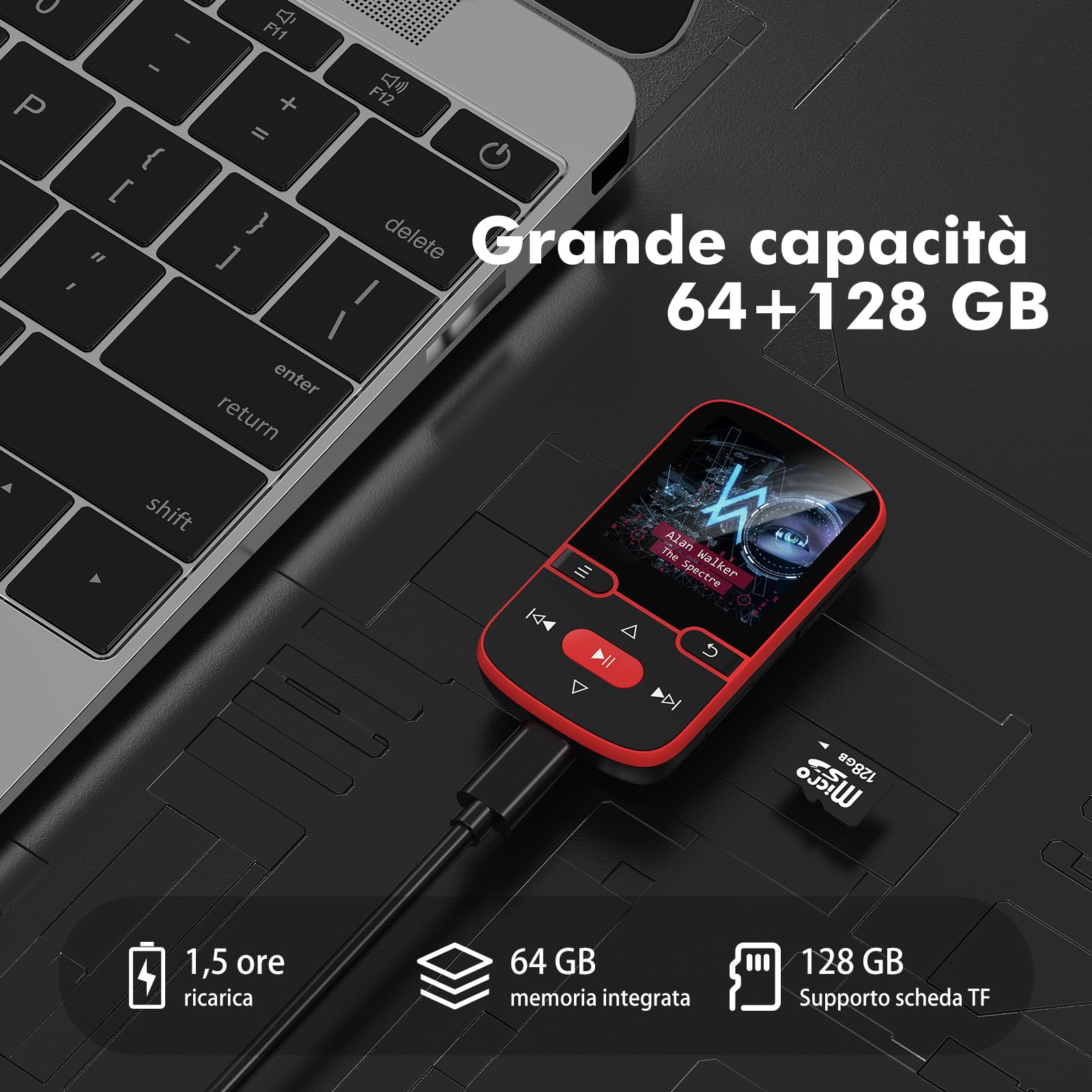 64 GB Lettore MP3 con Bluetooth 5.3, Music Clip Sport, schermo TFT da 1,5". | Solo 28 g di luce con clip per lo sport, radio FM, registrazione vocale, ripetizione casuale e di brano, pulsanti fisici