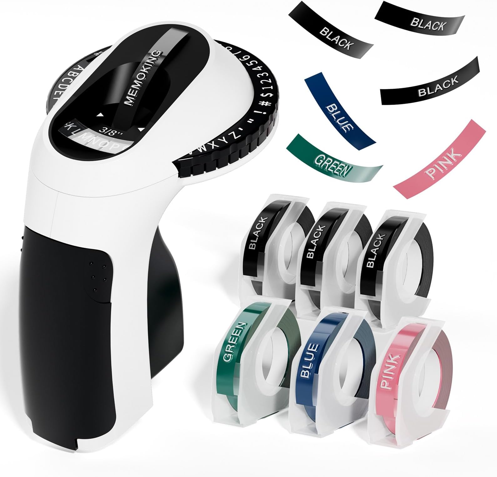 Memoking Embossing Label Maker Machine - E975 Embossing Label Maker with 6 Rolls Tapes 3/8"(9mm), 3D Handheld Labelling Machine, Lettering Embossing for Kitchen Home, Office and Child DIY (Black)
