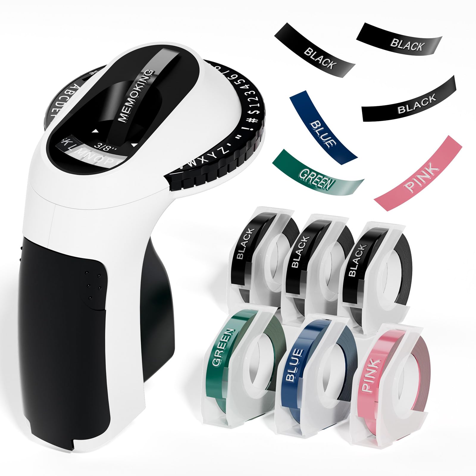 Memoking Embossing Label Maker Machine - E975 Embossing Label Maker with 6 Rolls Tapes 3/8"(9mm), 3D Handheld Labelling Machine, Lettering Embossing for Kitchen Home, Office and Child DIY (Black)