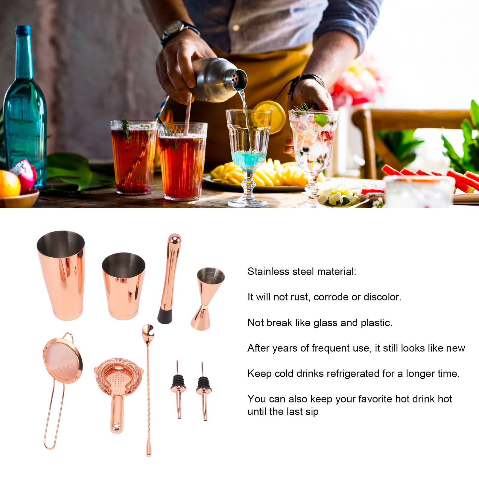 Kit de Barman de Acero Inoxidable con Efecto de conservación de Temperatura, 9 Piezas, para Hacer cócteles en Bares caseros (Un Estilo)