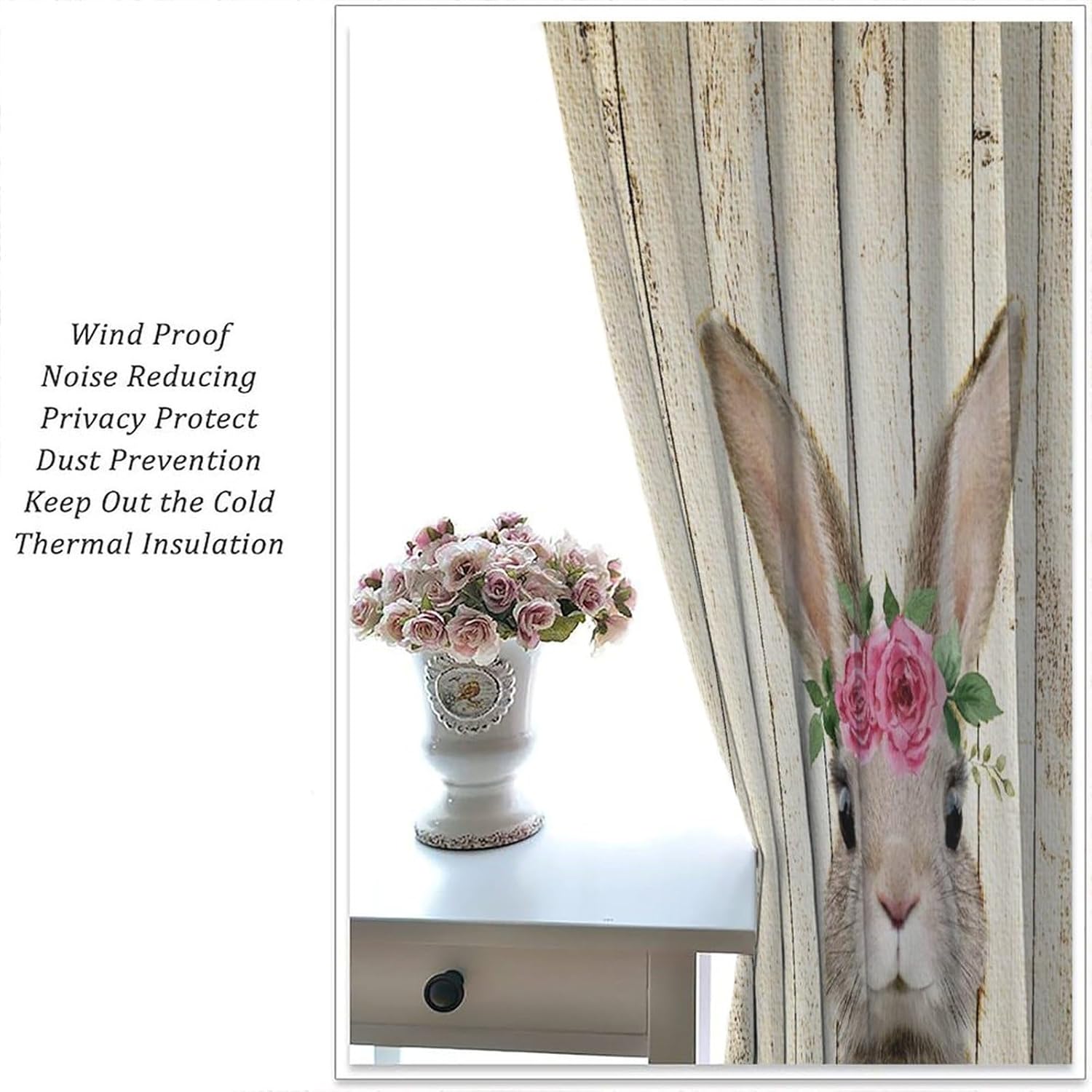 Funny Rabbit Fabric Blackout Curtain, Grey Brown Bunny and Flower Rustic Wooden for Home Kitchen Livingroom Coffee Room Window Drapes 2Panel 42" W X 45" L