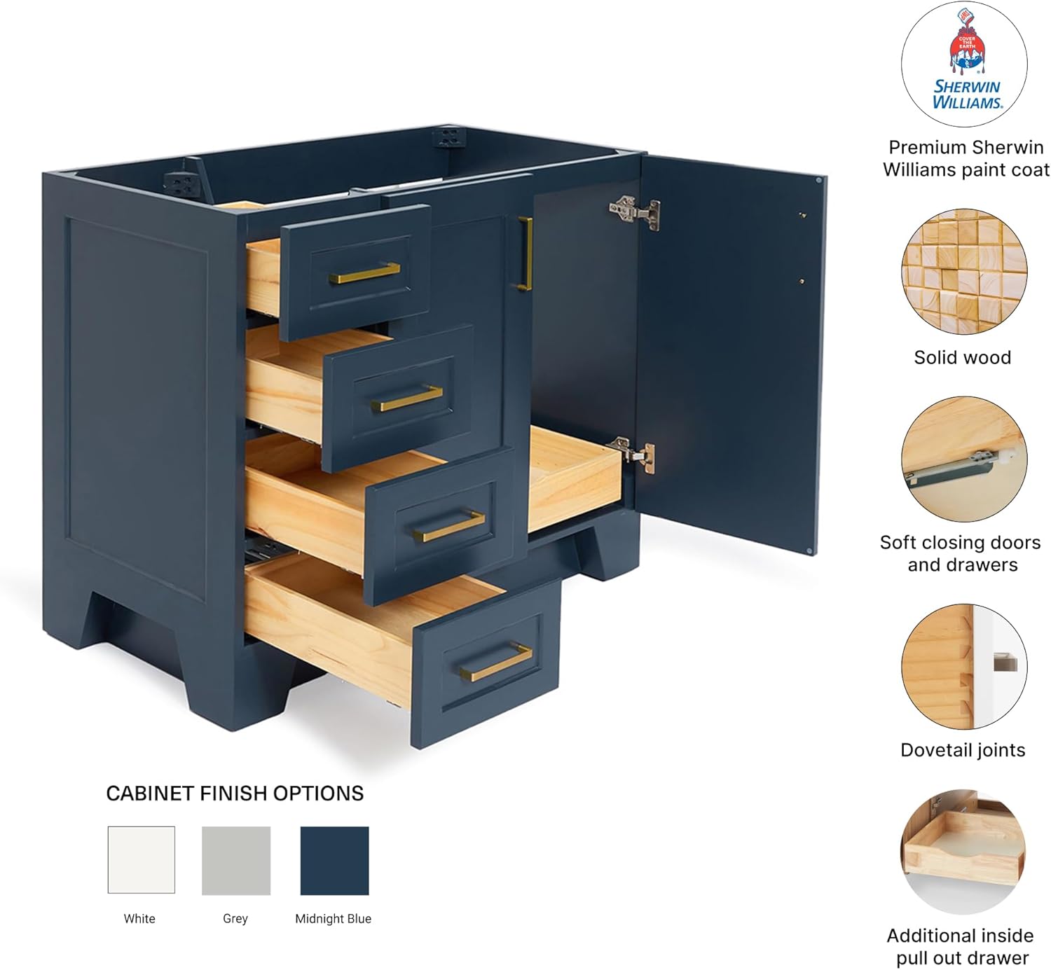 DKB Emilia 42-Inch Midnight Blue Bathroom Vanity Base Cabinet, Right Offset Sink, 2 Soft Closing Doors, 5 Full Extension Dovetail Drawers, Toe Kick, Satin Brass Hardware