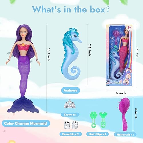 Miniatura 6 de Juego de muñeca de princesa sirena y caballito de mar que cambian de color, juguete de sirena de 13.4 pulgadas que cambia de color por encima de 82