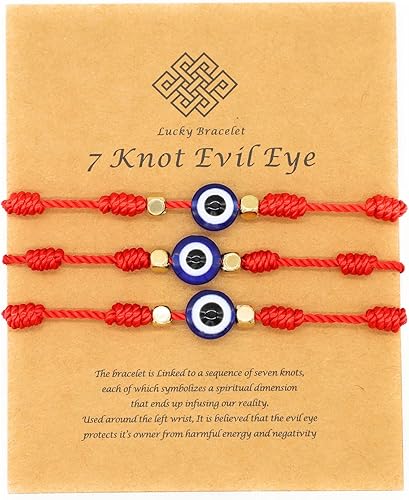 Pulseras de la suerte de ojo malvado de 7 nudos, amuleto de cuerda roja ajustable para mujeres y hombres