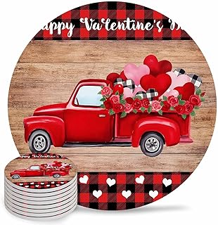 Coaster for Drinks 8 Pack,Valentine Farm Truck Love Heart Rose Absorbent Round Ceramic Stone with Cork Base,Retro Wood Buffalo Black Red Plaid Drink Coaster Cup Mats for Home Dining Coffee Tables