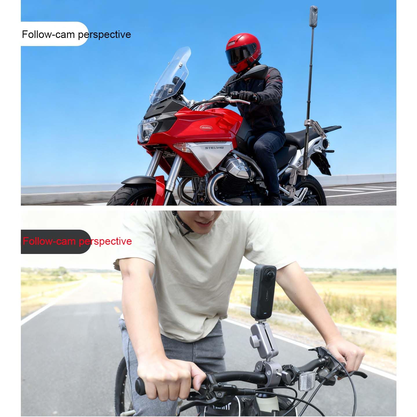 Soporte de cámara de acción para Insta360 y para cámaras DJI, soporte de brazo de manillar de motocicleta con rotación de 360 grados para accesorios de grabación de ciclismo (estándar)