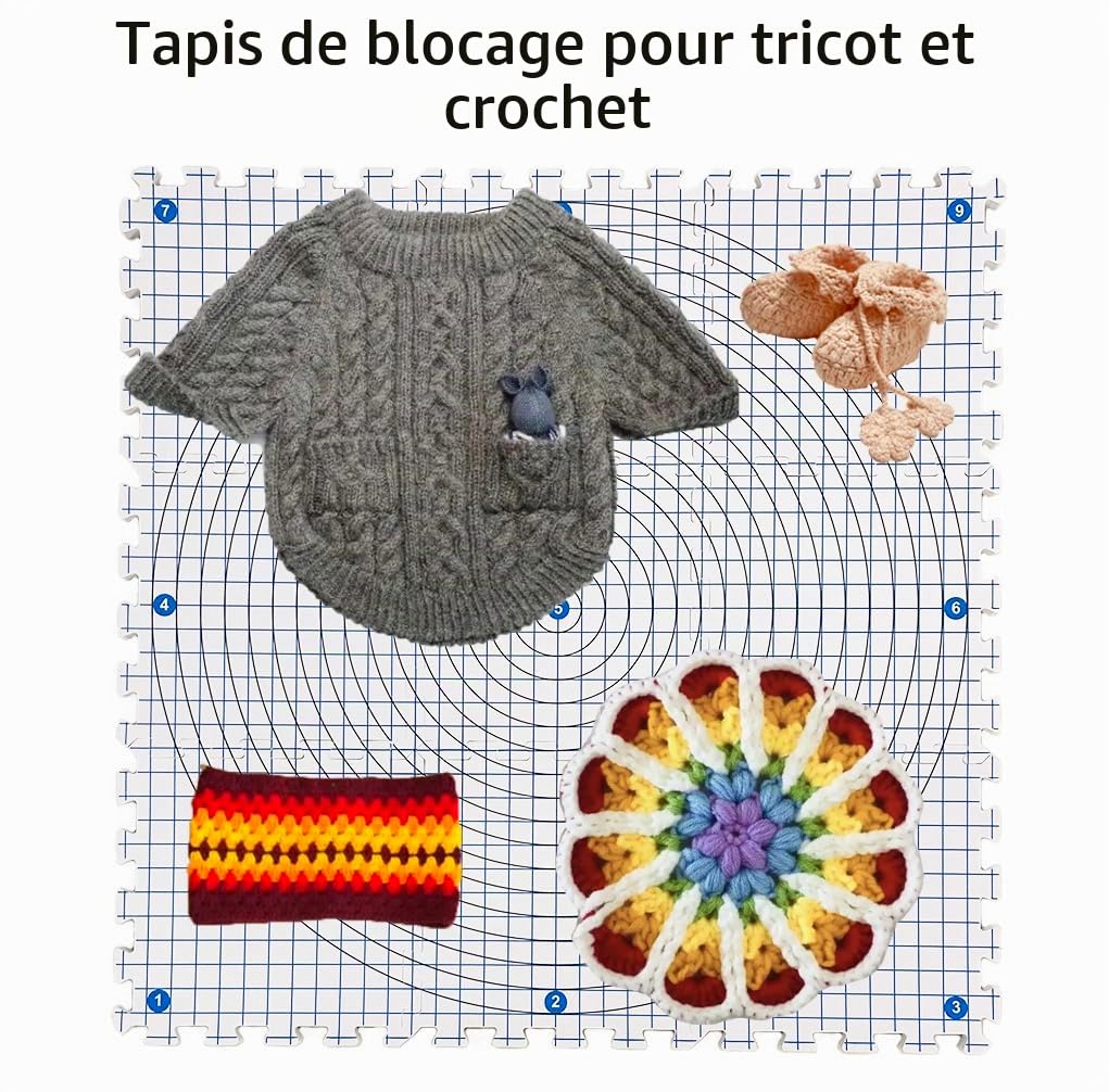 Tapis de Blocage Extra épais de 1,9 cm pour Tricot et Crochet, Avec 100 épingles en T et Grilles de Blocage à Emboîter (32 x 32 cm, Lot de 9 Avec Sac de Rangement)