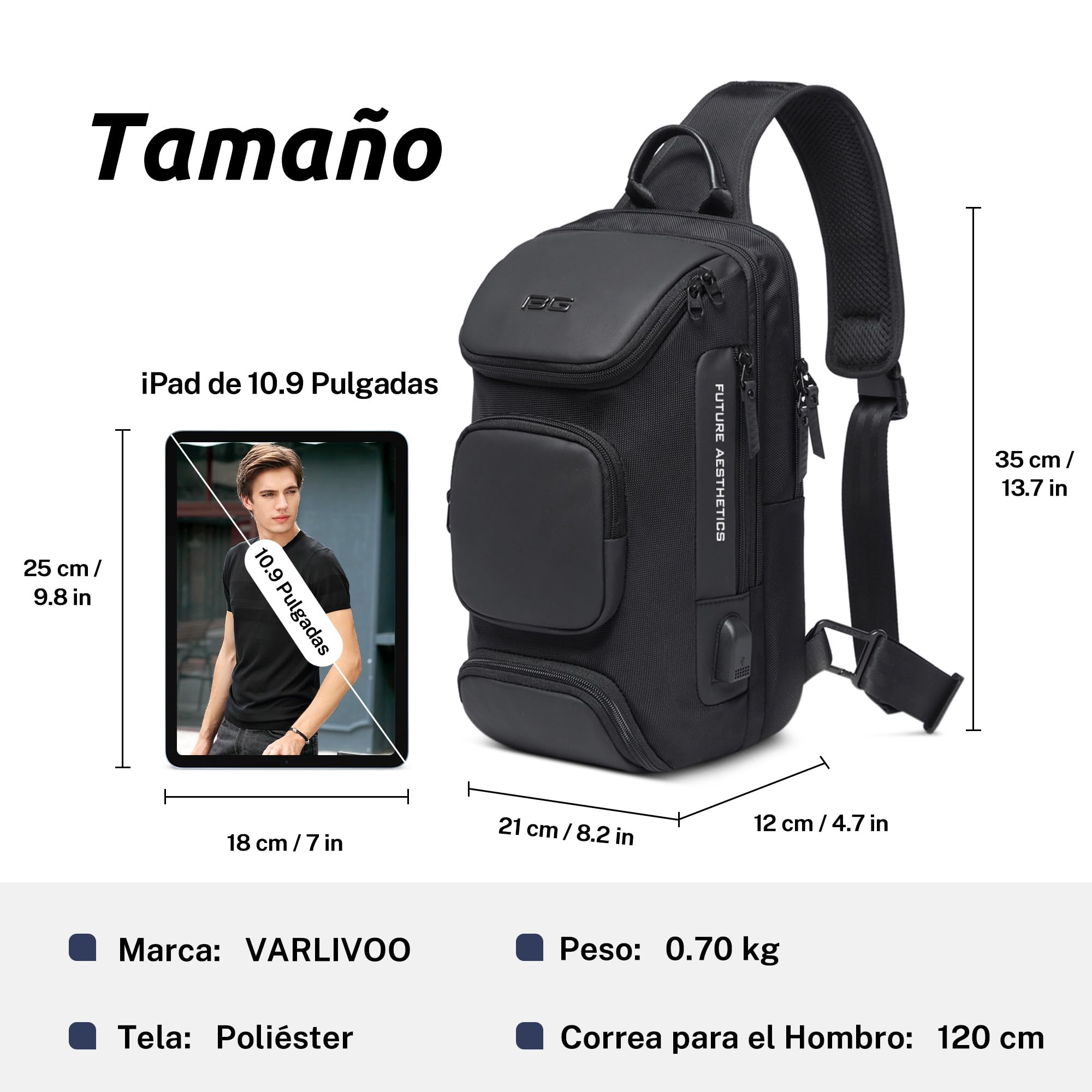 VARLIVOO Bolsos de Hombro para Hombre Bolsos Cruzados USB Port Sling Bag Bandolera Bolsa de Pecho Crossbody Bolsa Alta Capacidad Viajar Impermeable Poliéster Sling Backpack Negro