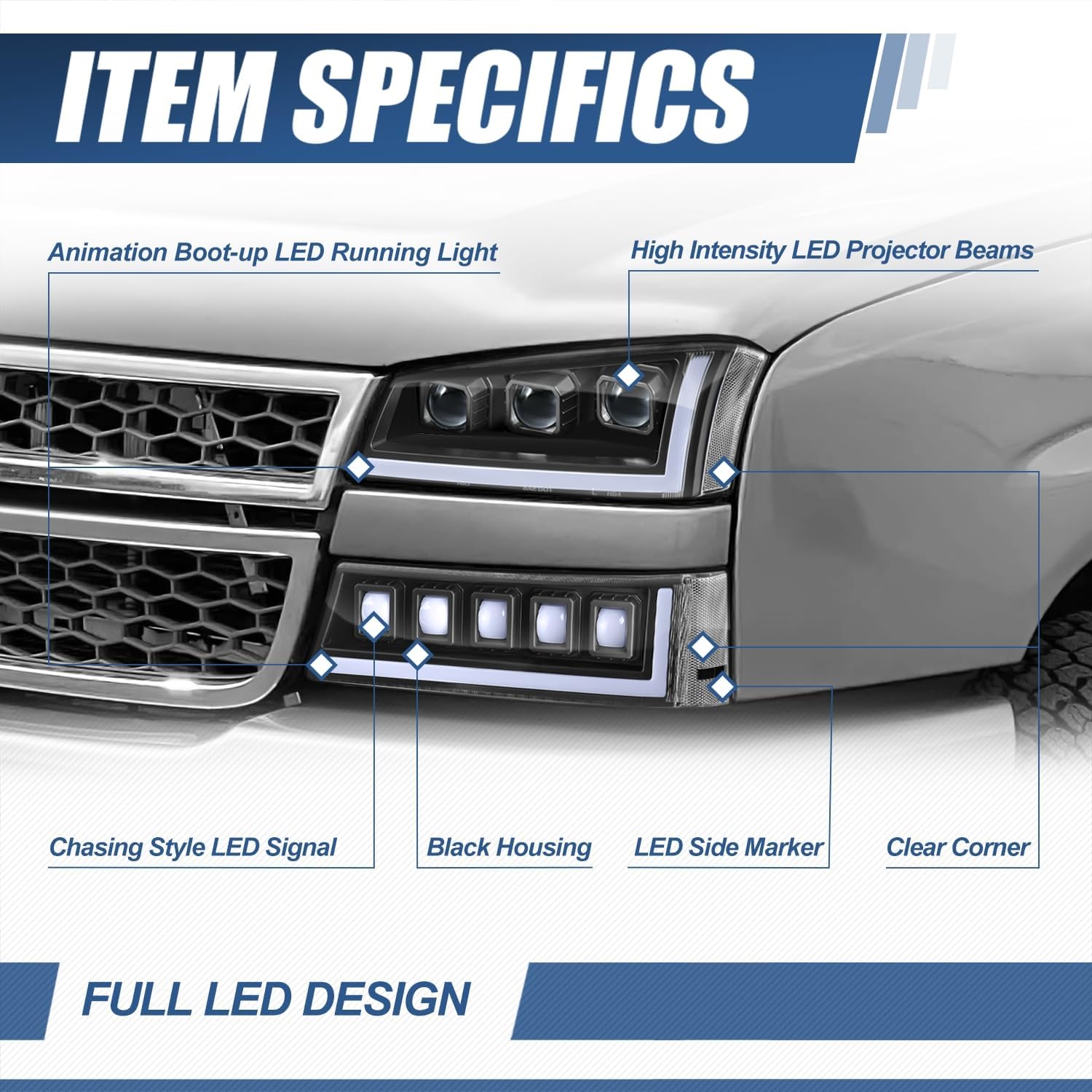 Auto Dynasty Full LED DRL Headlights Assembly Compatible with 2003-2007 Chevy Avalanche Silverado 1500 2500 HD 3500 Classic, 6000K Projector Beam, Sequential Chasing Signal, Black Housing Clear Corner