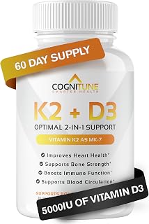 CogniTune Vitamin K2 (MK7) with D3 Supplement - Premium Natural Heart & Bone Health Capsules - Pure D3 Plus K2 Complex with 5000 IU of Vitamin D 3 & 90 mcg of Vitamin K 2-60 Count