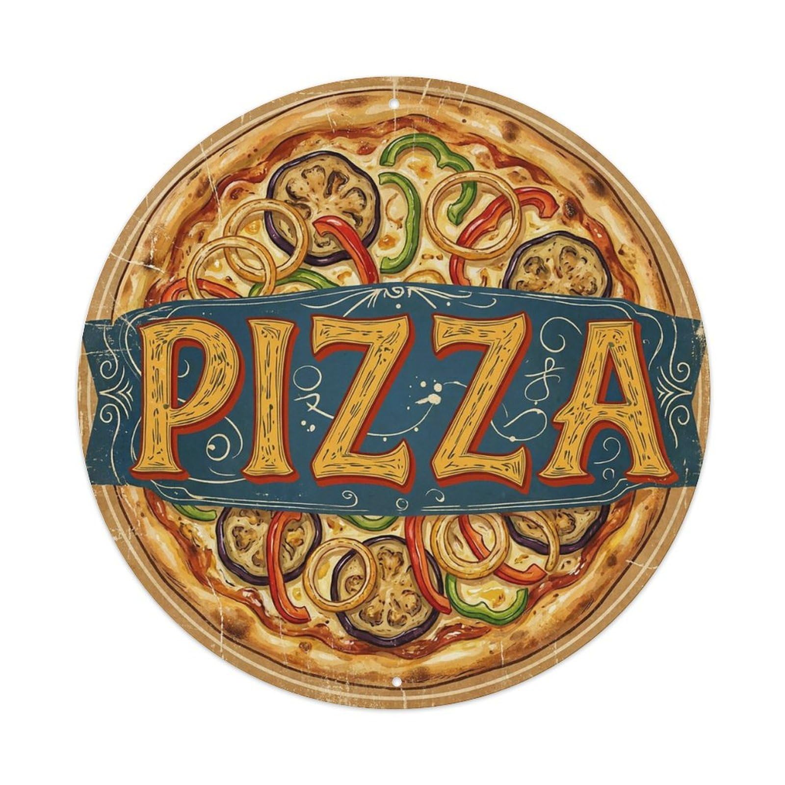 Yrnq 8X8inch Vintage Style Vintage Pizza Eggplant Pepper Onion Food Decoration Metal Tin Sign