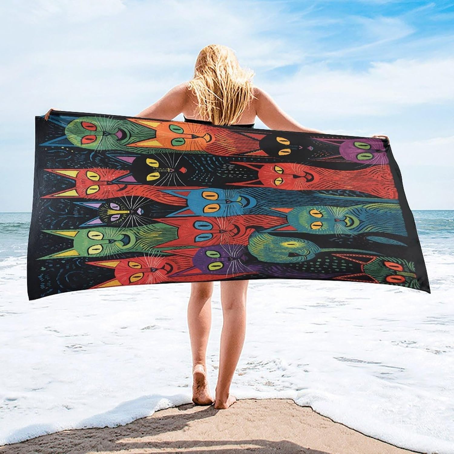 Multicolor Cat Painting Towel Vacation Accessories Essentials Soft Lighterweight，Bath Towel for Adults Women Men，Bath Towels Gift for All Occasions, Machine Washable.