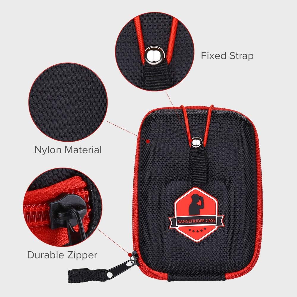 תקריב view of the rangefinder case highlighting nylon material, fixed strap, and durable zipper