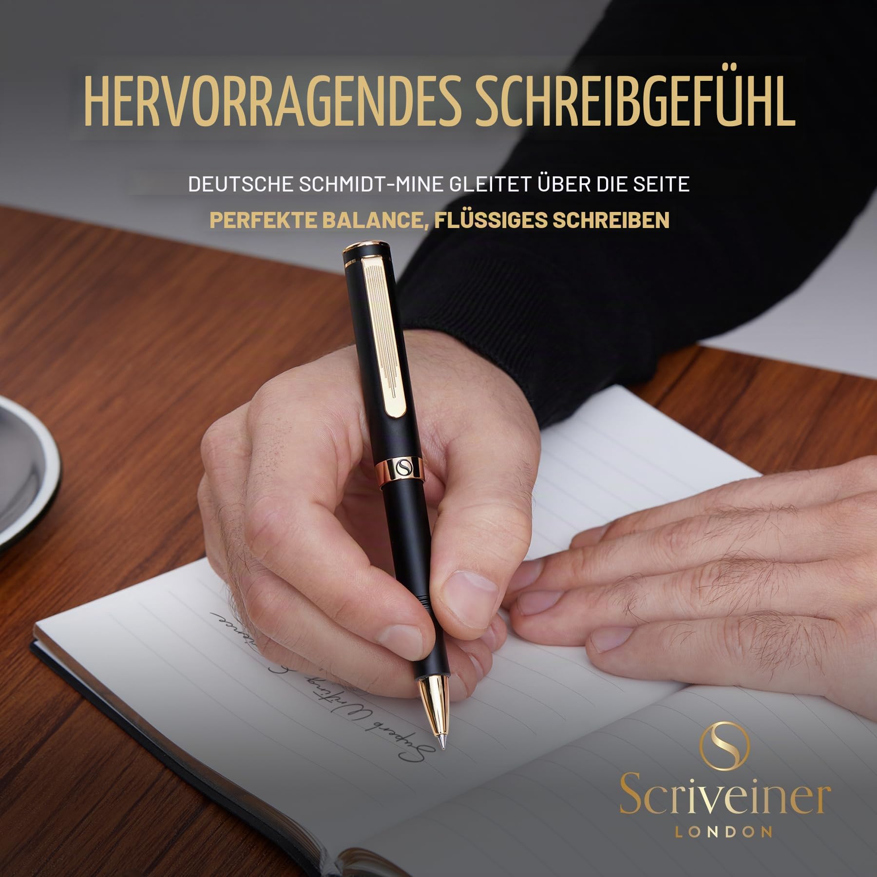 Scriveiner Schwarzer Kugelschreiber EDC Luxus Stift, toller Taschenfüller mit Echtvergoldung, Cooler Schreibstift, Geschenk für Mann Frau, Deutsche Schmidt Mine, Ausgefallenes Büro Designer Schreibset