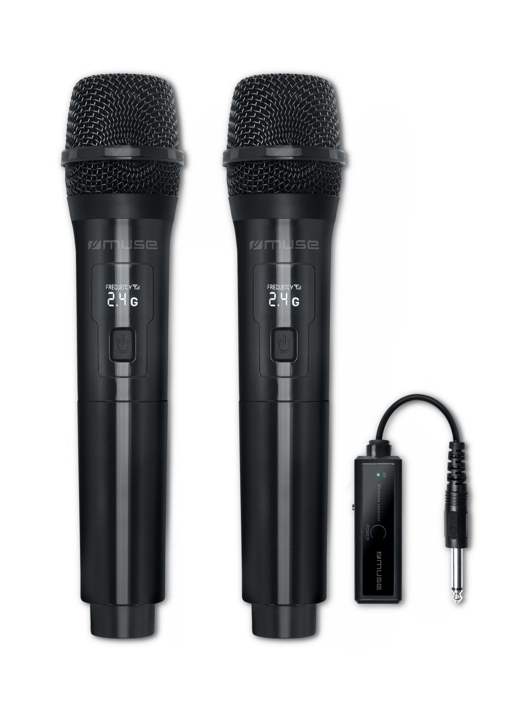 Muse MC50WI Lot de Deux Microphones inhalés avec écran LED Blanc. Transmission 2,4 g. Batterie Rechargeable dans Le Microphone et Le récepteur.