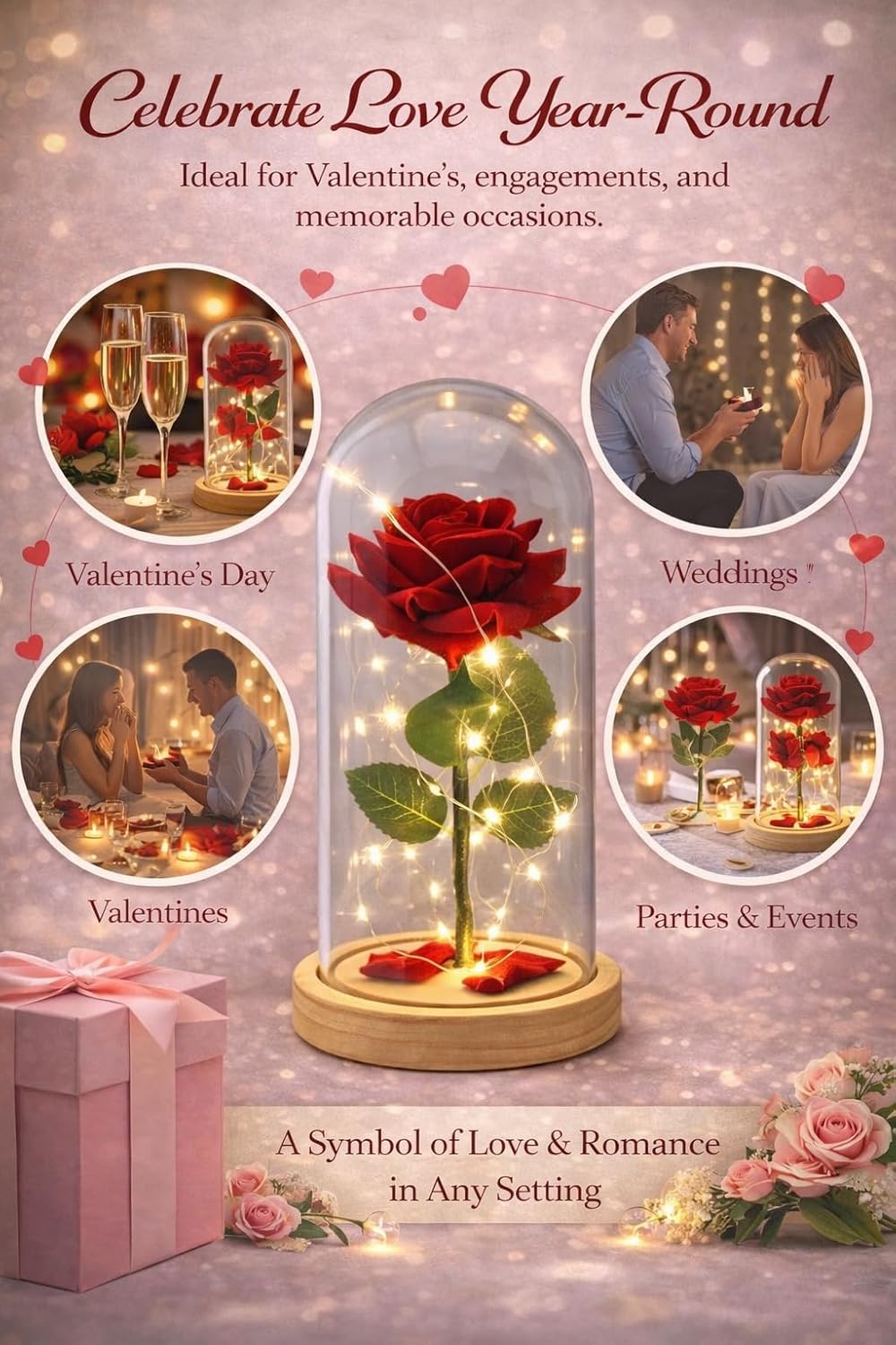 Eternal Red Rose in Glass Dome with LED Lights – Light Up Artificial Rose Décor – Romantic Gift for Women with Gift Box for Anniversary, Birthday, Valentine’s Day, or Holiday Season - Image 4