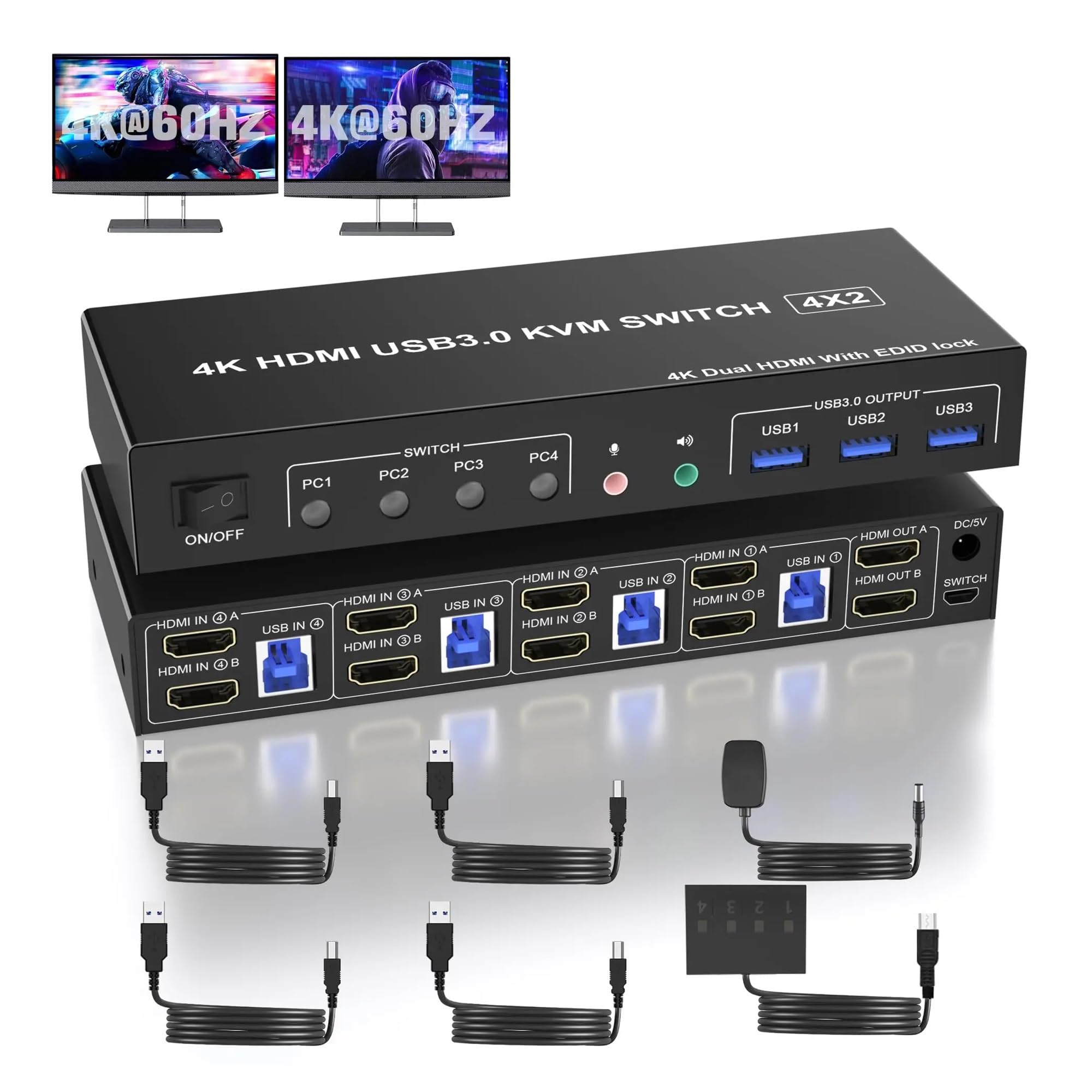 Convertitore Digitale, Switch KVM USB 3.0 for 2 monitor e 4 computer, supporta EDID, switch doppio 4K60Hz con microfono porte