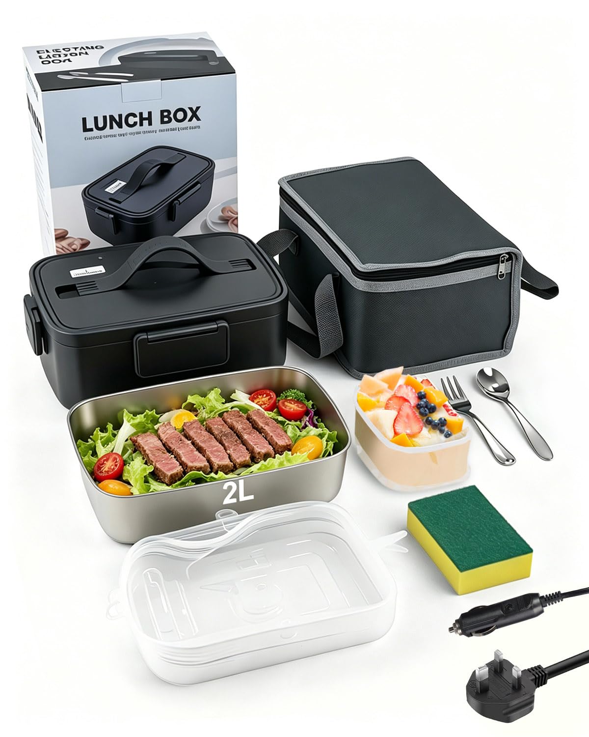 Fiambrera Eléctrica de 2 Litros, Compatible con 12V/24V/220V, Bandeja Extraíble de Acero Inoxidable, Incluye Recipiente para Frutas, Cubiertos y Esponja – Ideal para Coche, Camión, Oficina y Viajes