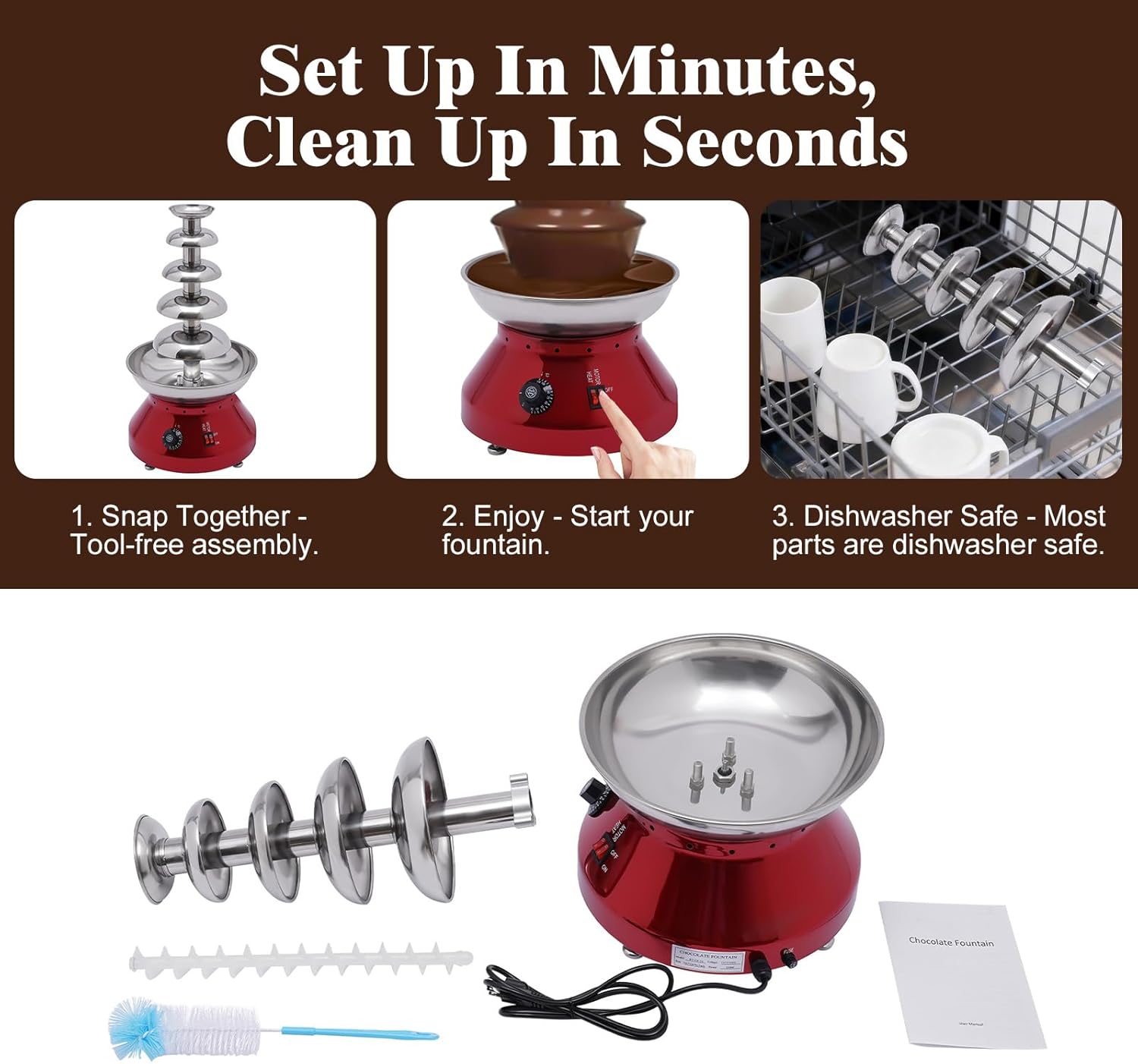 5 Tier Commercial Chocolate Fountain, 230W 7lb Large Capacity Stainless Steel Hot Chocolate Fondue Tower Fountain Machine for Buffet Dinner, Wedding Parties, 86-230℉ (Red)