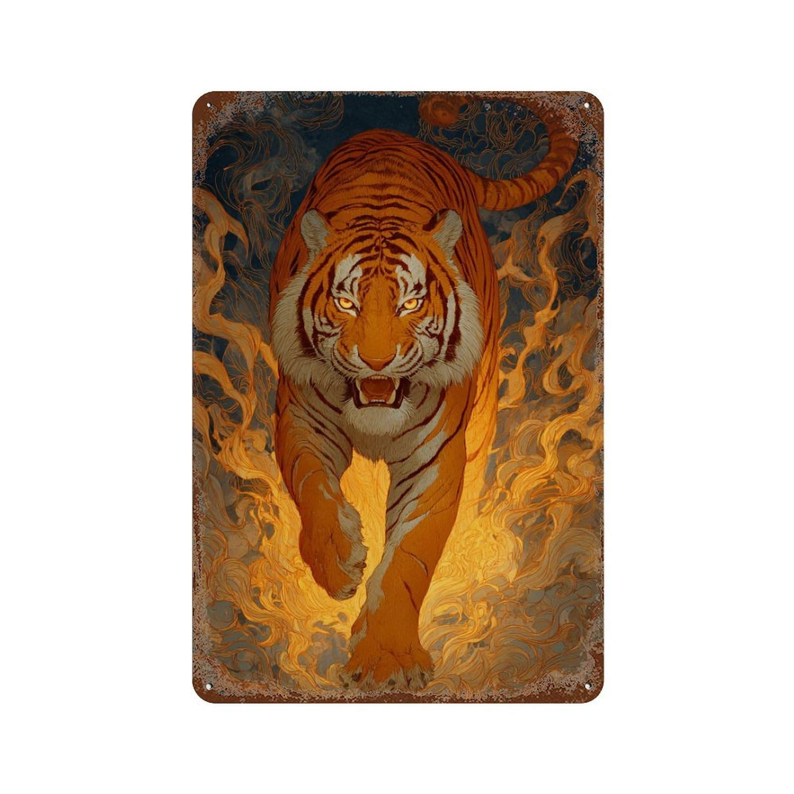 Distressed Metal Wall Sign Tiger Art Print, Wildlife Decor-1 11.8"x7.9", Old School Wall Decor for Bistro, Counter And Cafe Decor