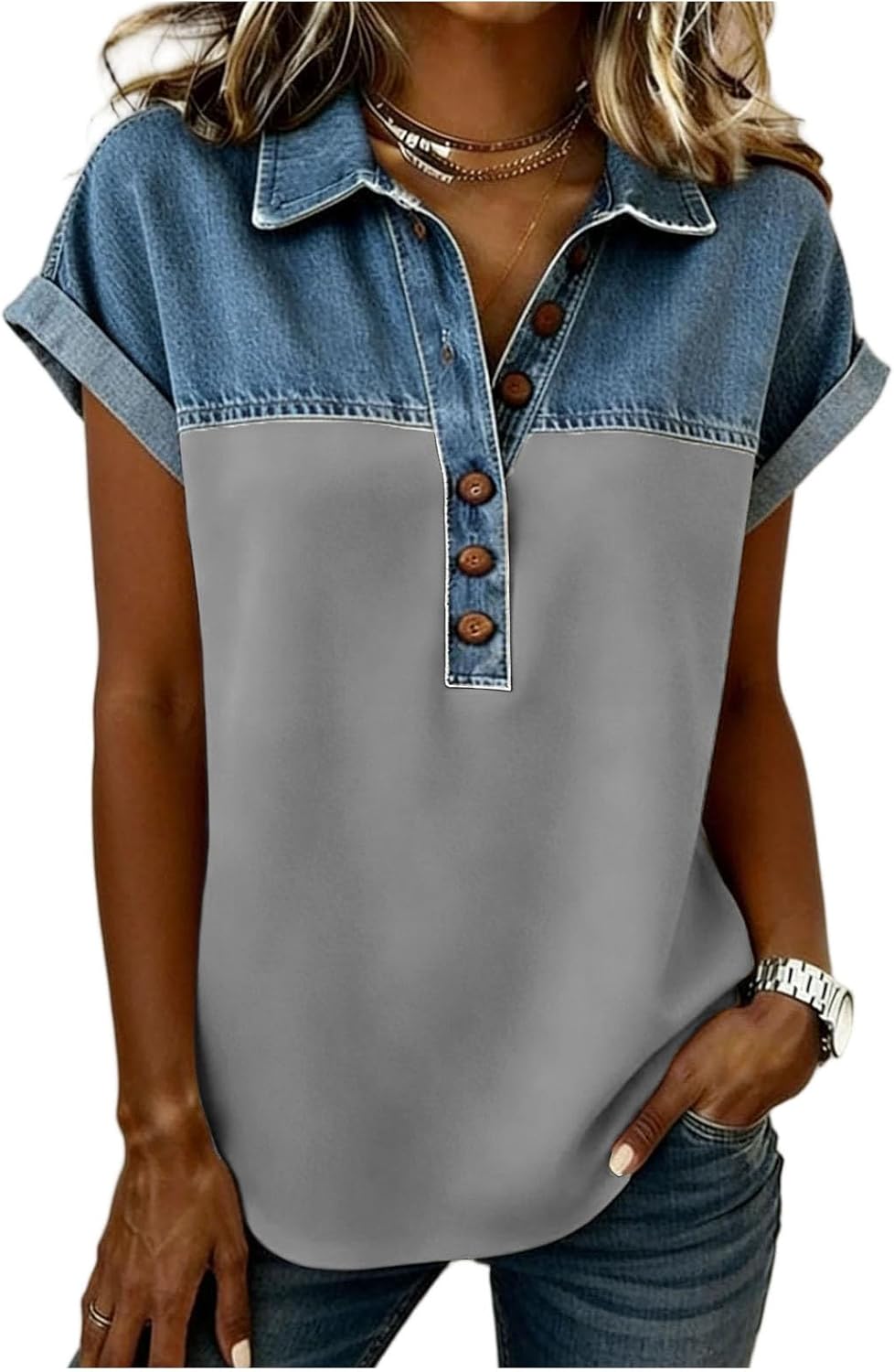 Short Sleeve Shirts for Women Button Lapel Collar Loose Fit Patchwork Pullover Tops Vintage Casual Fashion Blouses