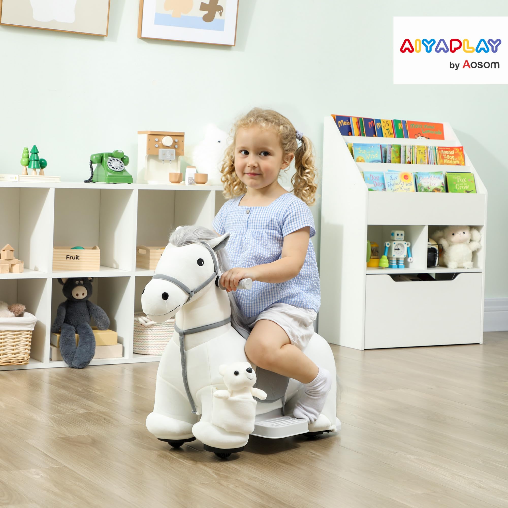 AIYAPLAY Caballito Eléctrico con Música, Batería 6V, Caballo de Juguete Eléctrico, Tacto Suave, Ruedas Silenciosas de PU, Marcha Adelante, Regalo para Niños y Niñas de 1,5 a 5 Años, Blanco