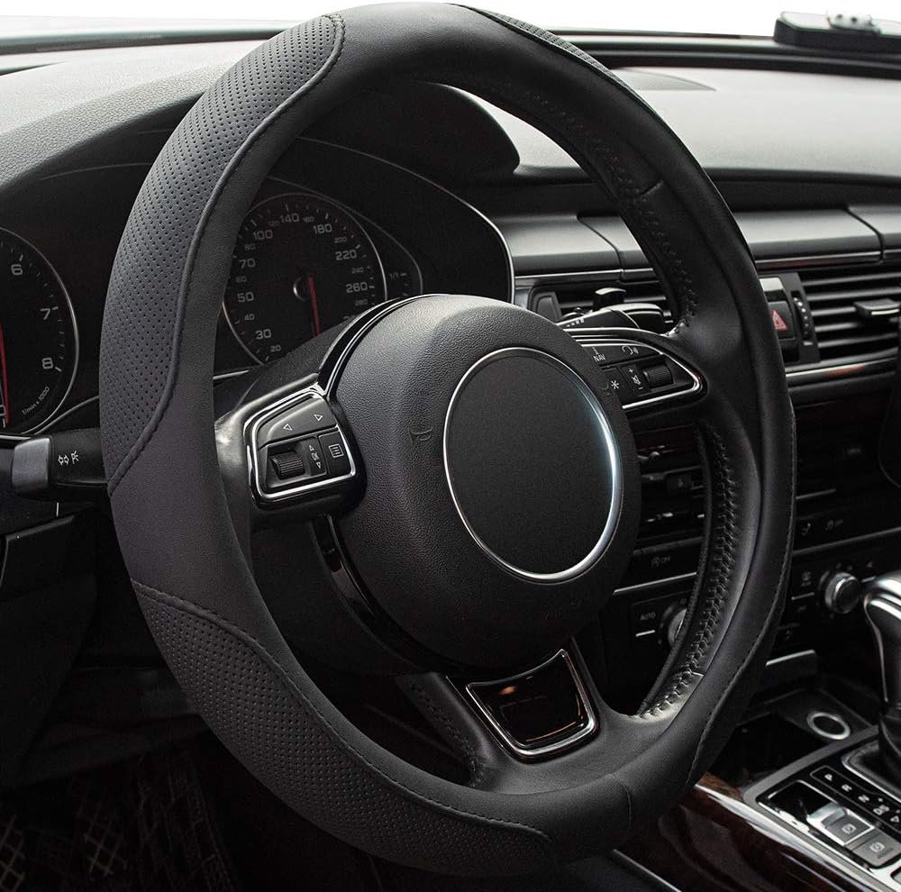 Steering Wheel Cover for Men Black Universal Microfiber Leather, Suitable for 14 1/2-15 inch Car Steering Wheel Cover, Breathable, Anti Slip & Odor Free