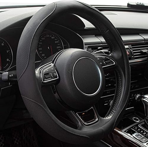Xizopucy Funda para volante de automóvil, 14.5-15 pulgadas, color negro, universal, cubiertas de cuero de microfibra, transpirable, antideslizante,