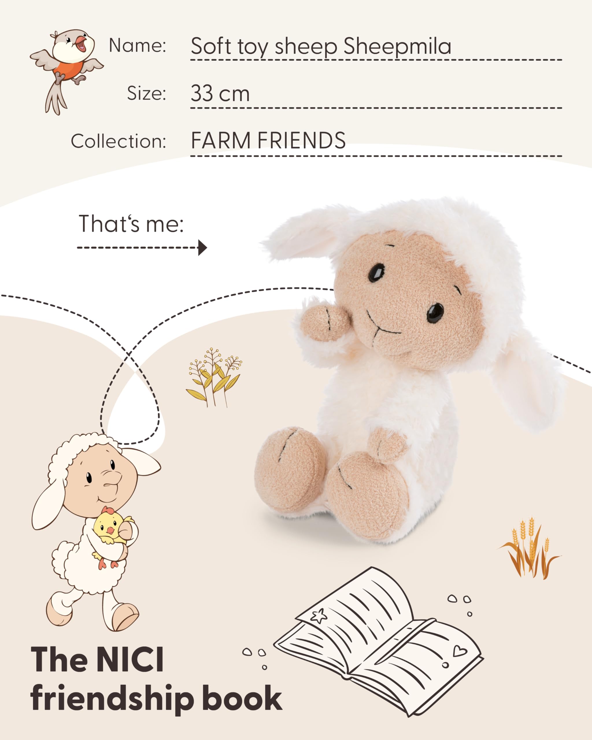 NICI 62256 Owieczka Sheepmila, miękki pluszak, urocza maskotka do przytulania i zabawy, świetny pomysł na prezent dla dzieci i dorosłych, 33 cm, biała