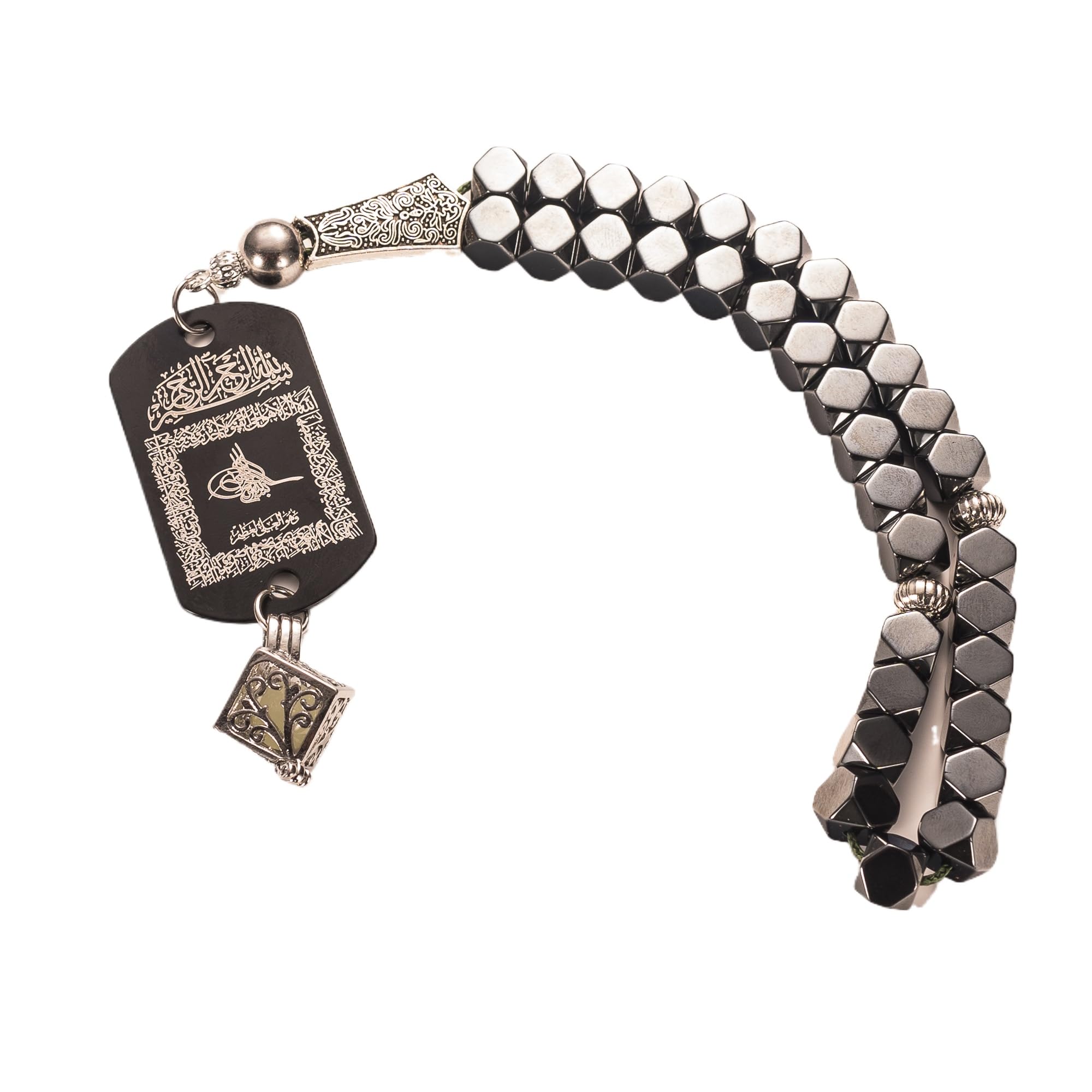 Hematite Car-Hanging Tasbih 33 Beads Misbaha with Ayat al-Kursi & Traveler’s Blessing Tag, Glow-in-the-Dark Pendant, Gift Box – Ramadan/Eid, Hajj & Umrah Gift for Men: Father/Husband/Boyfriend/Brother