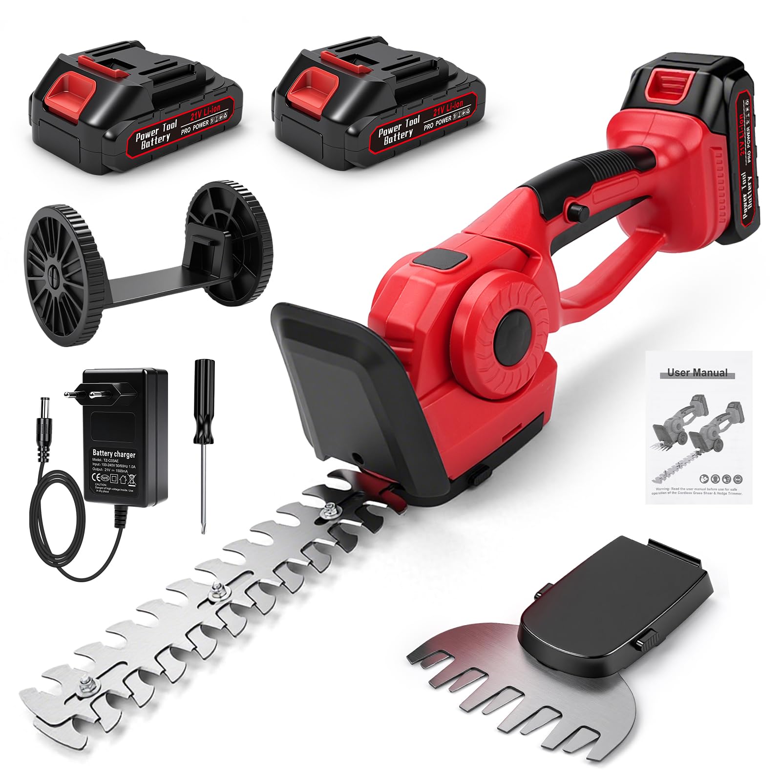 Tijeras de césped y arbustos con batería, 2 en 1, cortasetos con batería, 2 1500 mAh, 2 cuchillos diferentes de 20 cm/12 cm, tijeras de podar para patio, jardín, césped