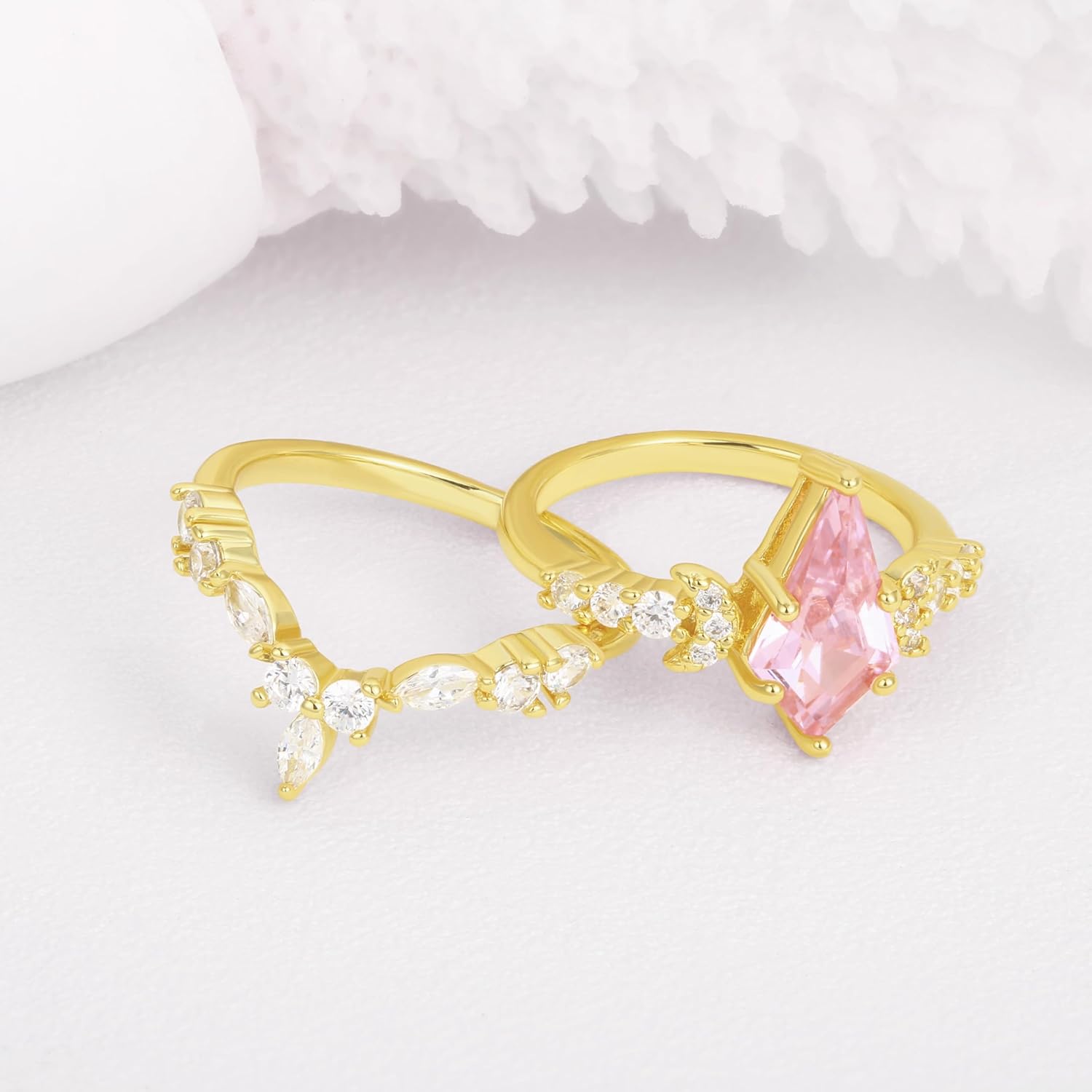 JIANGYUE Engagement Pink Rings Wedding Ring Set Kite Cut Ring
