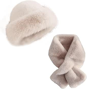 Comforso Warm Cap with Scarf, Skiing Winter Cap Windproof Thermal Unisex, Faux Fur Hat Furry Hats Scarves Set, Long Pile Fluffy Winter Trapper Hat, for Hiking Travel Skiing Outing Beige