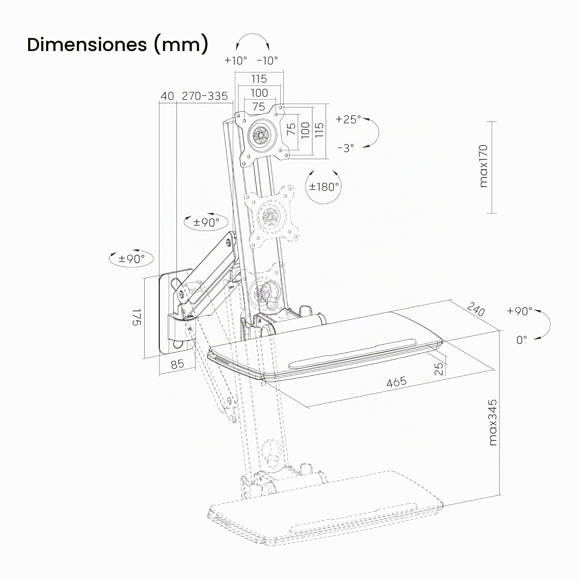 PureMounts Soporte para Monitor con Bandeja para Teclado, Soporte de Pared para Pantalla con Bandeja para Teclado, Ajustable en Altura, Giratorio, Inclinable, Estación de Trabajo de Pie, Blanco