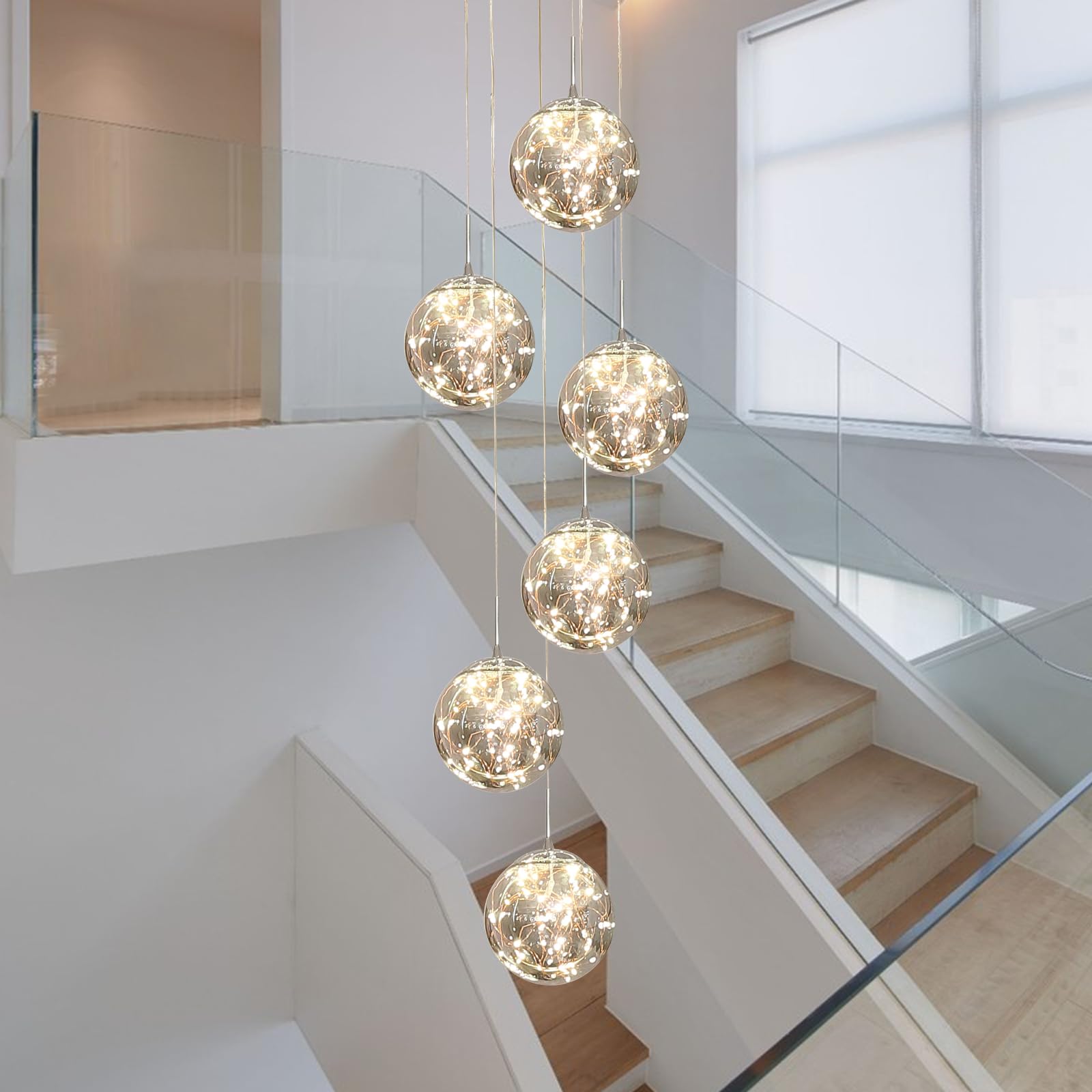 180CM Wohzimmer Pendelleuchte LED 6 Glaskugel Hängeleuchte 3000K 30W | Moderne Glas Ball Hängend Lampe Länge Lüster Kronleuchter für Villa Treppe Esszimmer Pendellampe Dinin Gel Treppenhaus