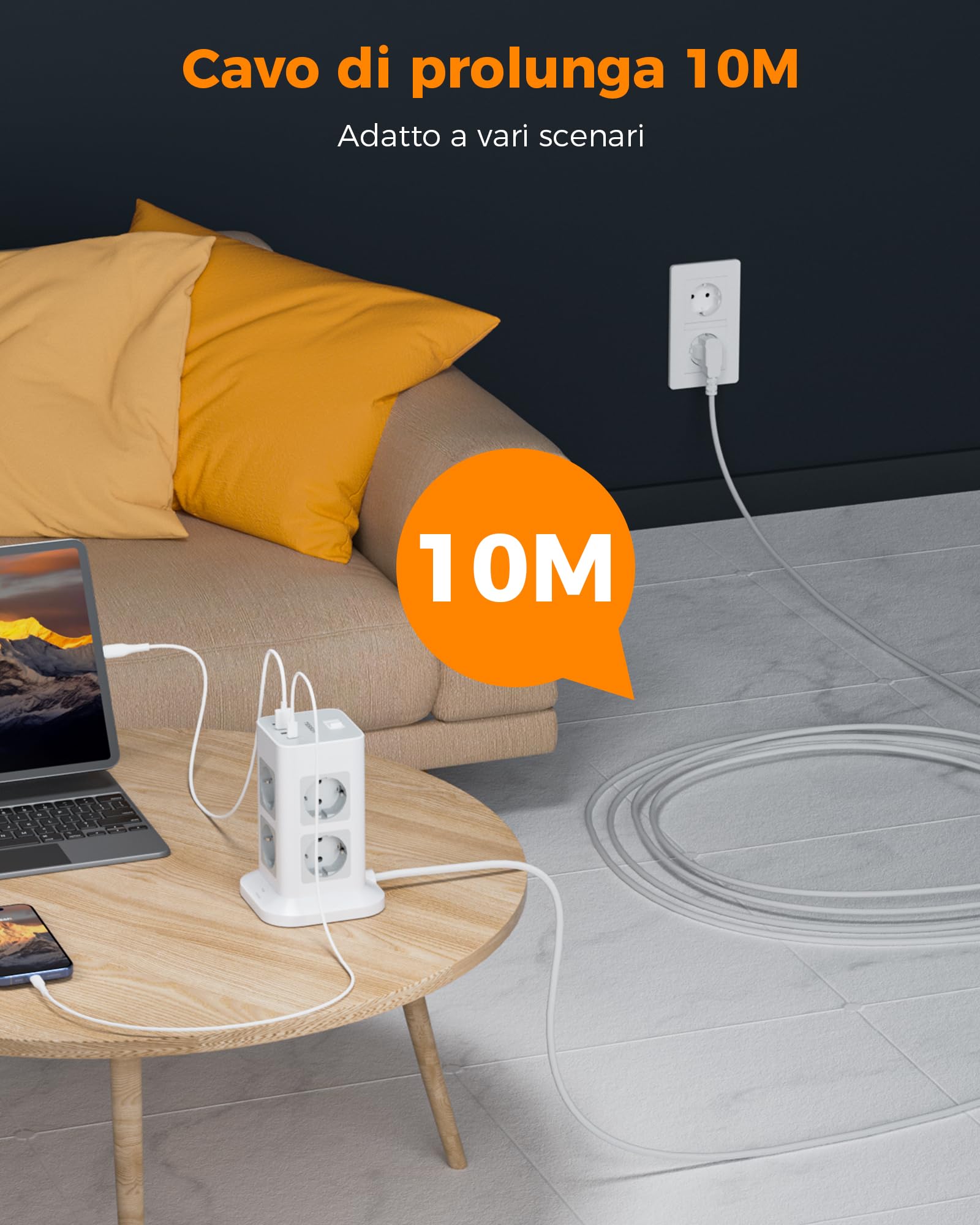 TESSAN Ciabatta Multipresa con 4 USB, Multi presa Elettrica 10 Metri, Presa Protezione Sovratensione con Interruttore