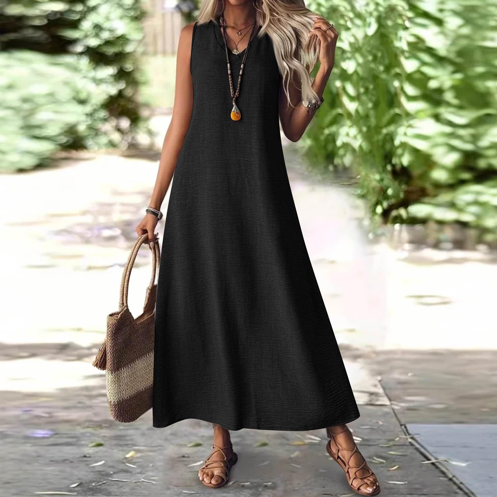 Kleid Damen Leinenkleider für Damen V-Ausschnitt ärmelloses Maxikleid, lässiges, Schlichtes, langes, fließendes Sommerkleid für Strand und Urlaub