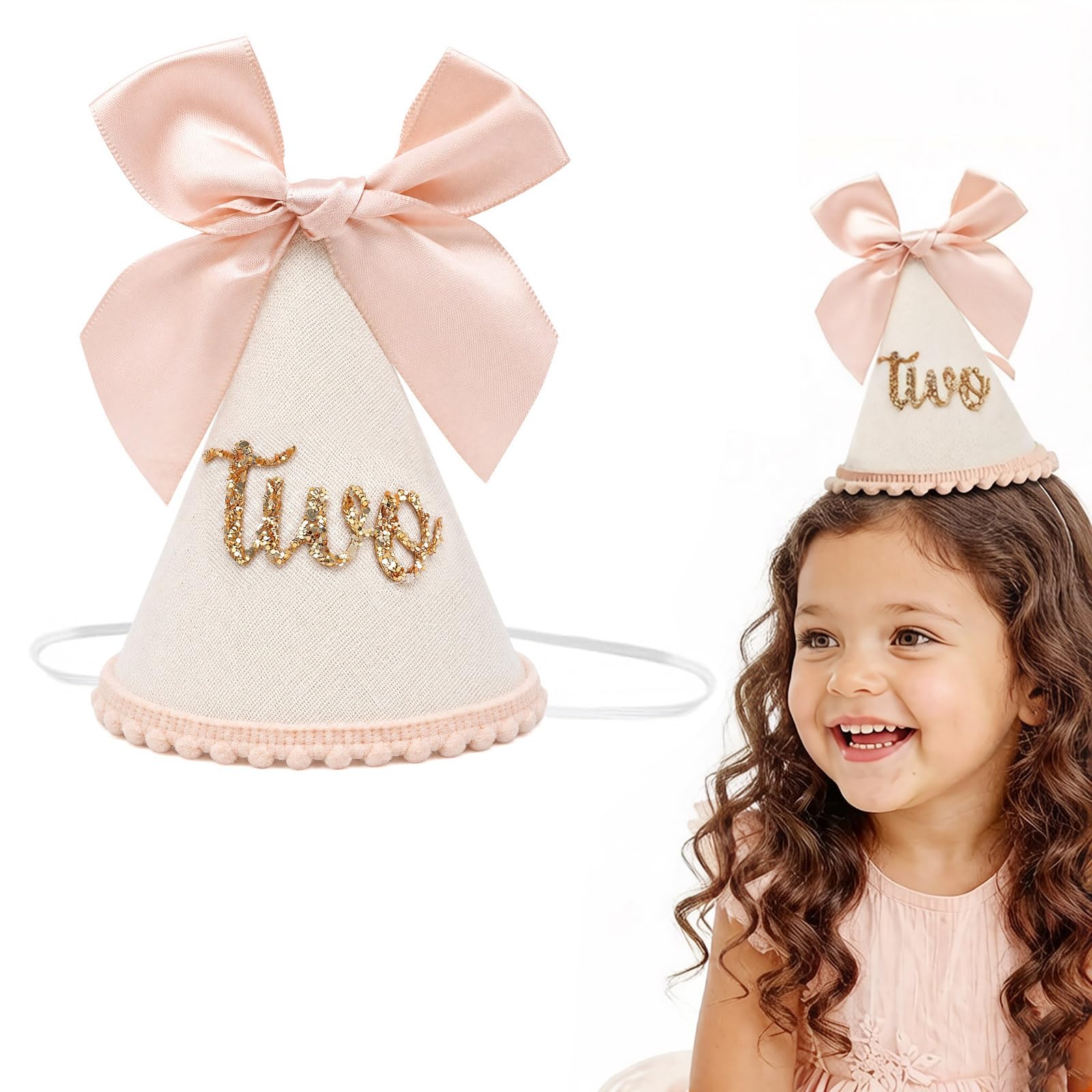 Feibety Glitter 2nd Birthday Hat for Girls, Pink Princess Birthday Crown with Bow, 2 Year Old Birthday Decorations, Comfortable Baby Party Hats for Second Birthday Outfit and Photo Props