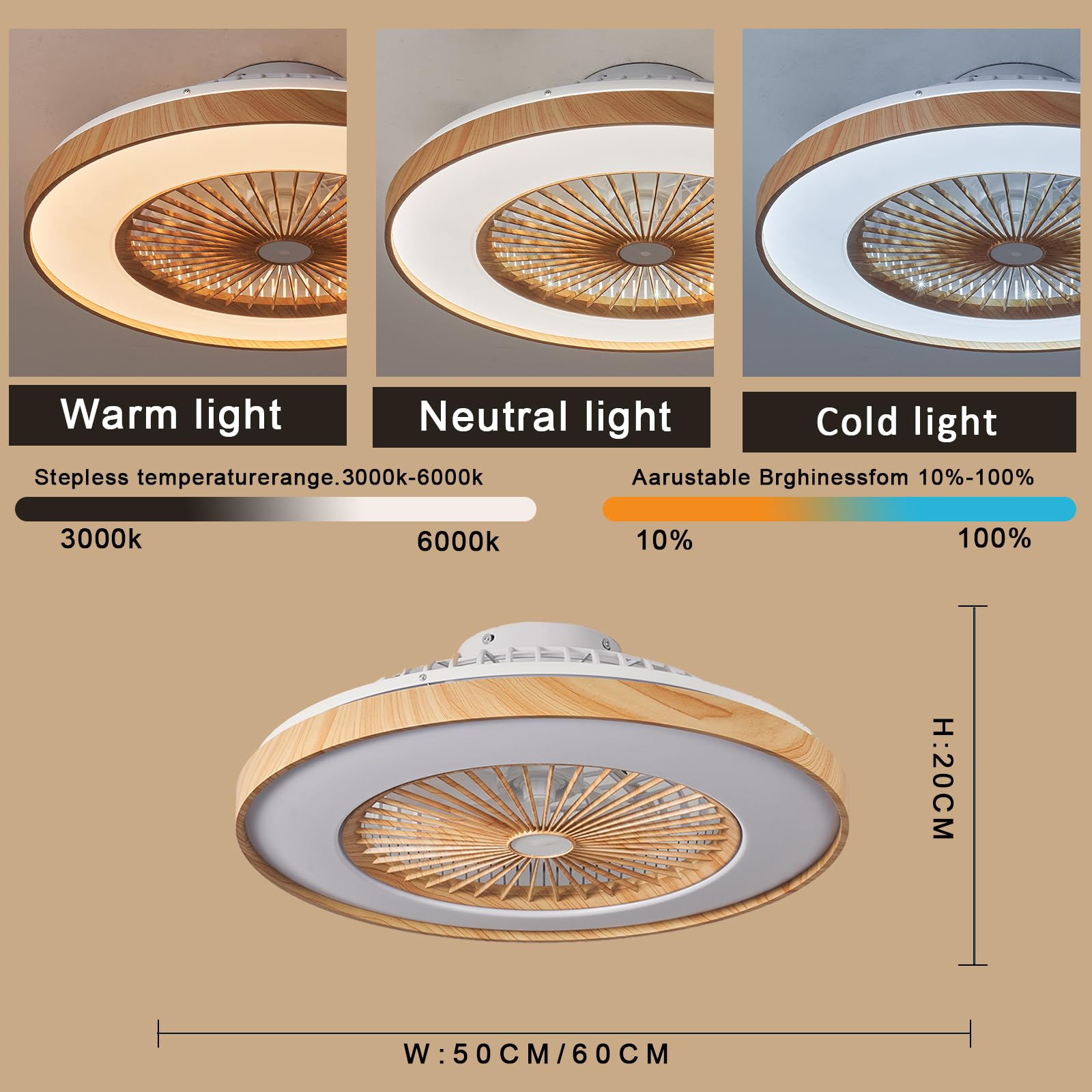 Leise Deckenventilator mit Beleuchtung und Fernbedienung 50cm
