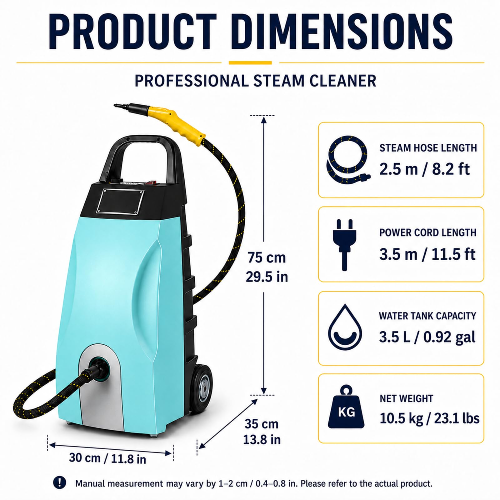 Komercyjna Myjka Parowa 3000W z Dużym Zbiornikiem 3,5L Blue | Zbiornik 3,5L i Gorąca Para 4-5 Bar do Samochodów, Kuchni Profesjonalnych, Urządzeń, Warsztatów, Podłóg i Płytek