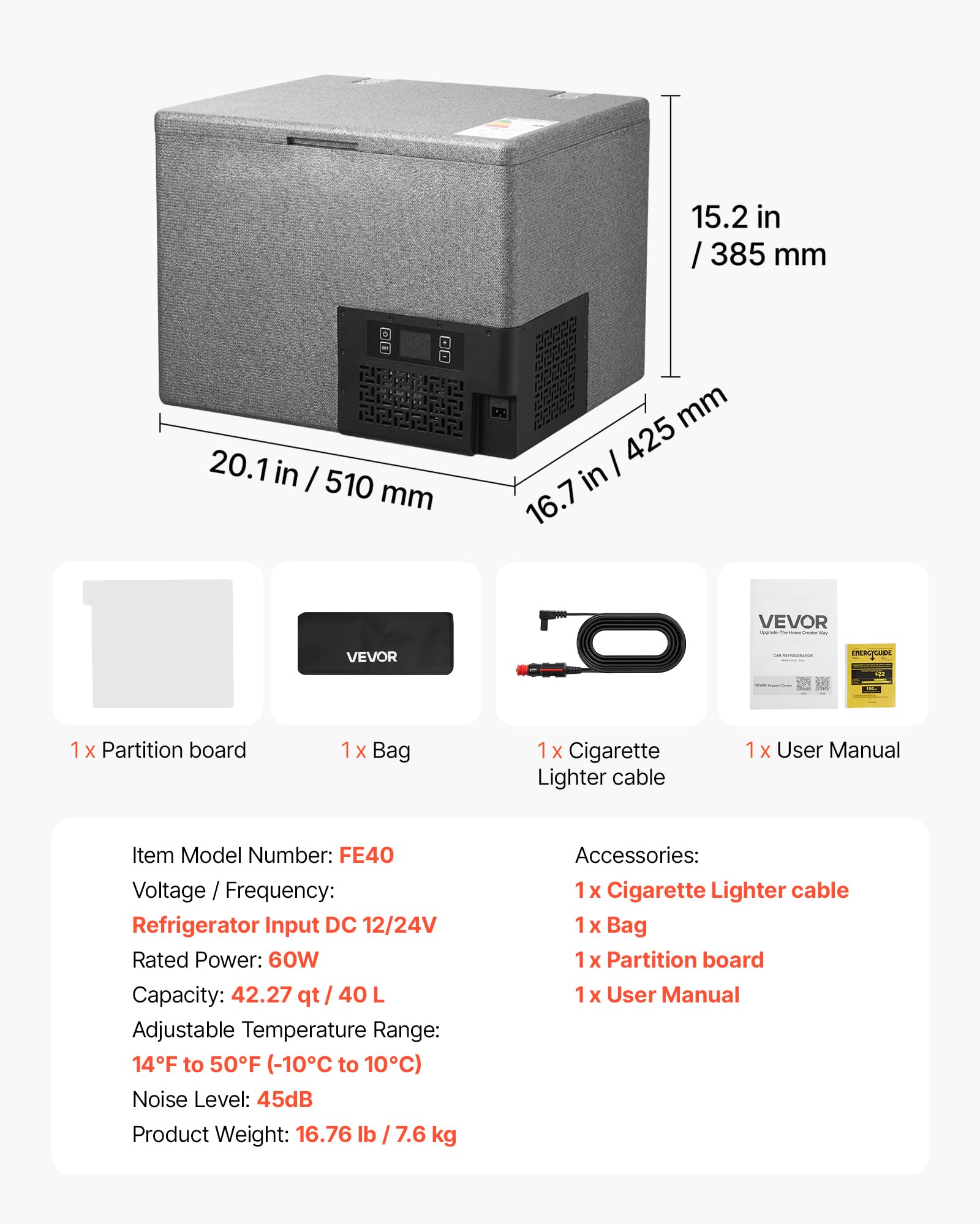 VEVOR Glacière Électrique Voiture 12/24 V CC 40 L, Réfrigérateur Portable Ultra-léger en EPP, pour Camping Voyage Plage Pêche, Mini Frigo à Compression Contrôlable par APP, Température -10 °C à 10 °C