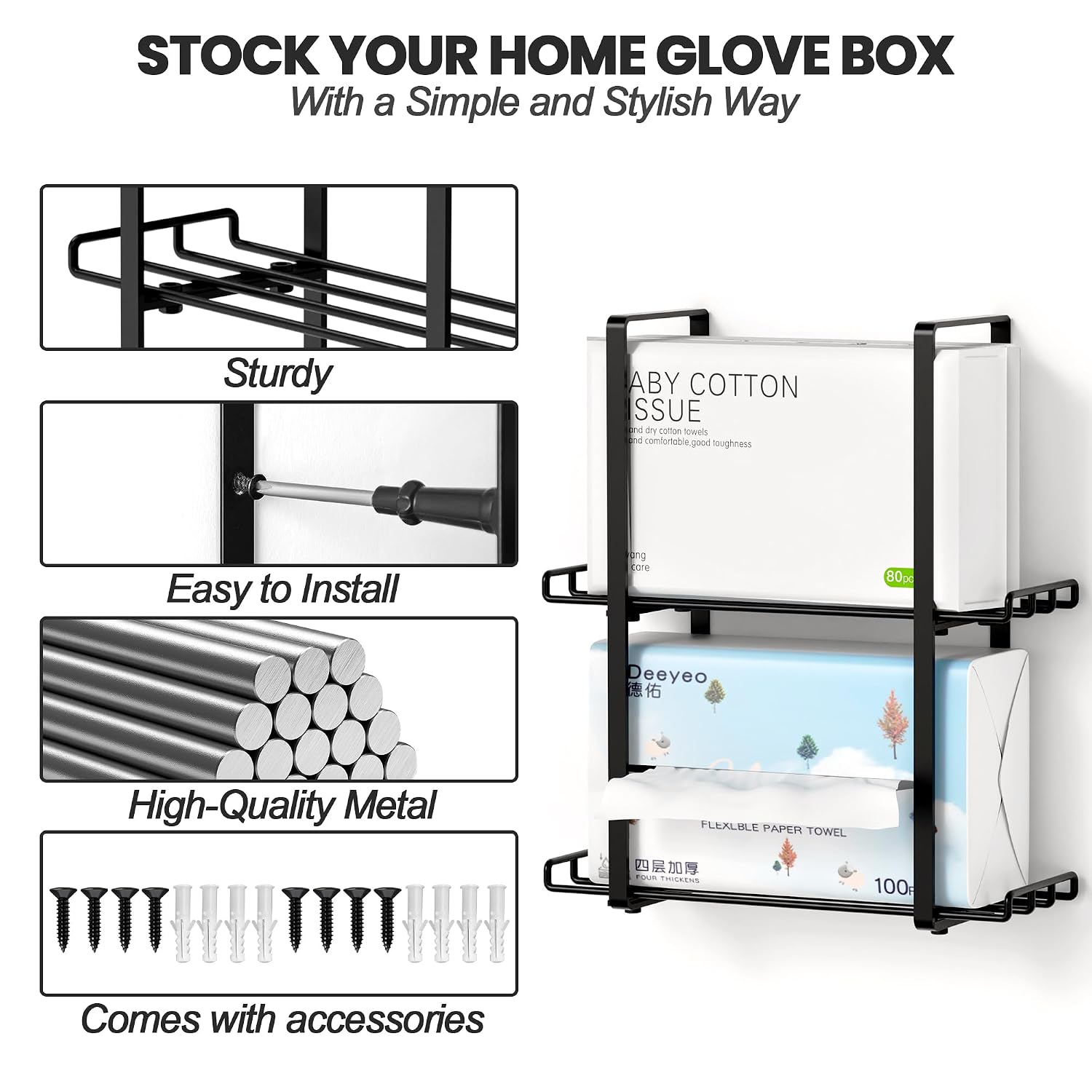 2 Pack Glove Holder Dispenser for Wall Mount, 2-Tire Metal Disposable Latex Glove Box Holder for Home Office, Lab and Garage, Tissue Wire Rack Wall-mounted for Kitchen Organizer Decor, Blak