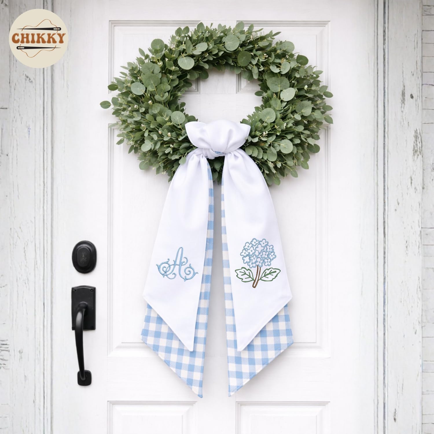 Monogram Wreath Sash Bow for Front Door, Wreath Ribbon with Adjustable Bow Knot Farmhouse Door Wreath Decor Monogram Embroidered Sash for Holiday,Wedding,Memorial (09 - Hydrangea)