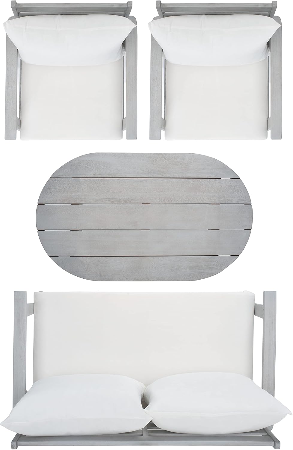 SAFAVIEH Outdoor - Deacon 4-Piece Conversation Set - Grey & Beige - Solid Wood - Coastal Slatted Design with Cushions - Ideal for Patio, Deck, Porch, Backyard (PAT7050H)
