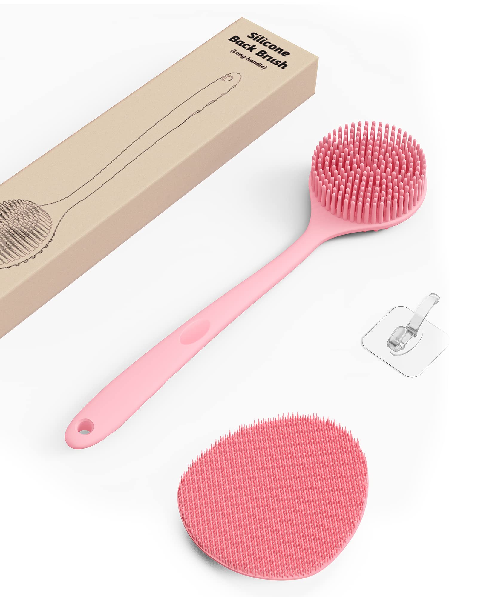 ManmiHealth Silicone Back Scrubber (Thick Bristles)& Soft Shower Brush Set, Super-Exfoliating Body Scrubber & Super-Lathering Bath Glove Combination, with a Free Hook.(Pink)