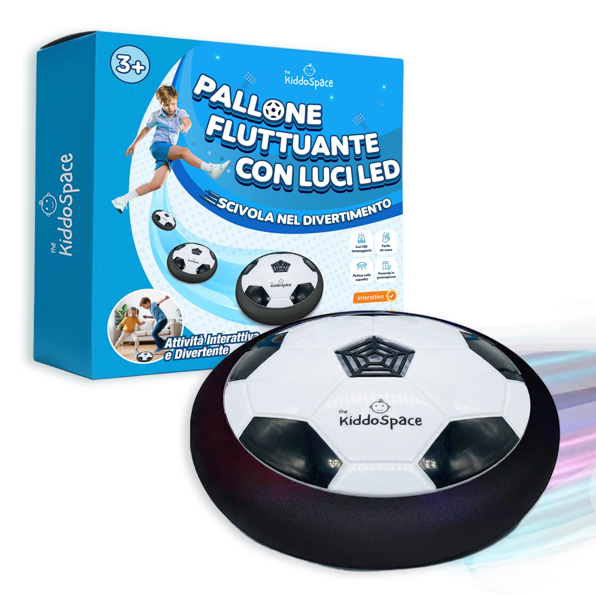KiddoSpace PALLONE FLUTTUANTE CON LUCI LED per Bambini – Hover Ball Elettronico da Interno – Gioco Bambini 3+ Anni – Pallone che Gira con Luci – Regalo Perfetto per Ragazzi e Bambine