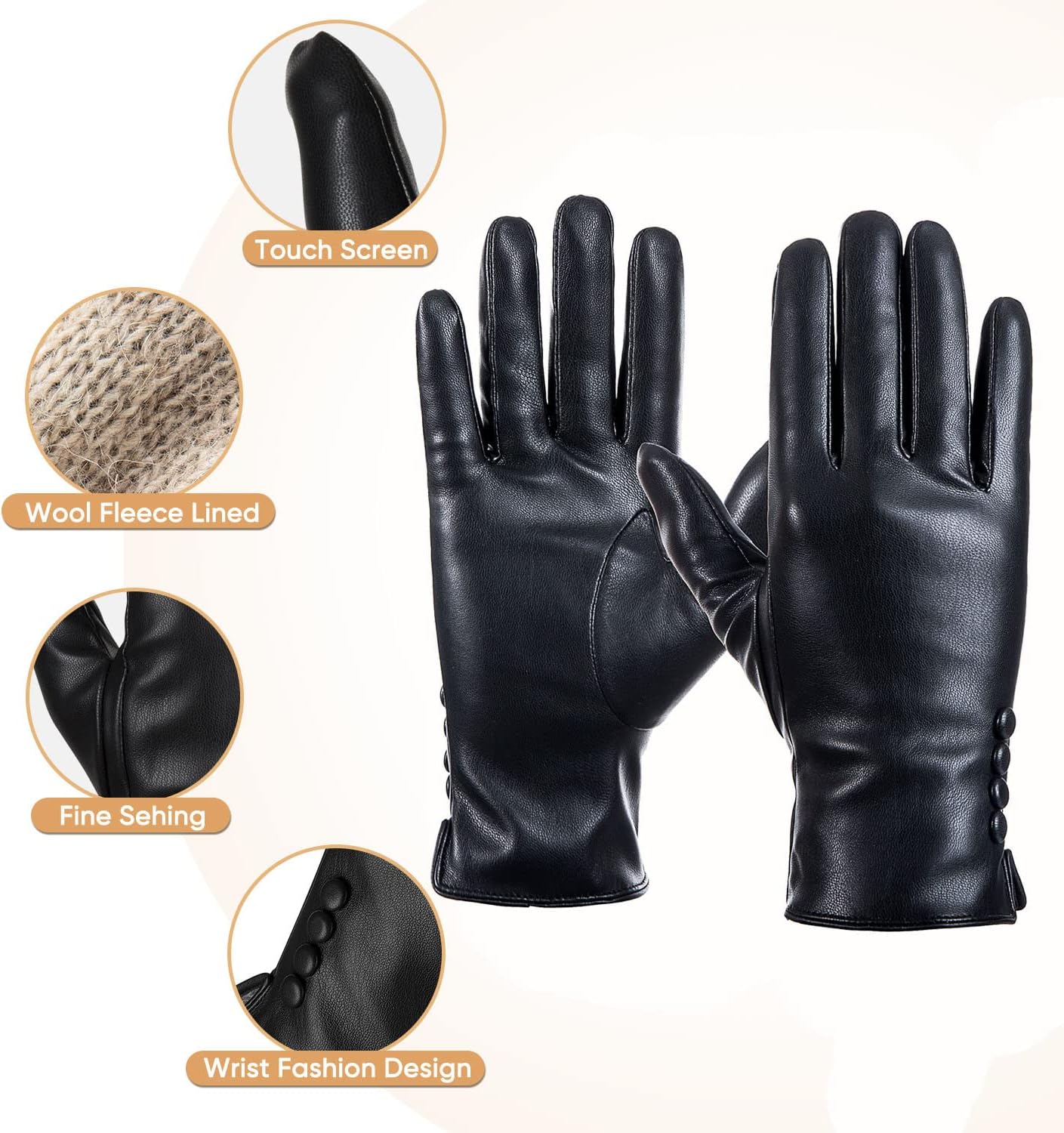 Alepo Winter PU Leather Gloves For Women, Warm Thermal Touchscreen Texting Typing Dress Driving Motorcycle Gloves Wool Lining